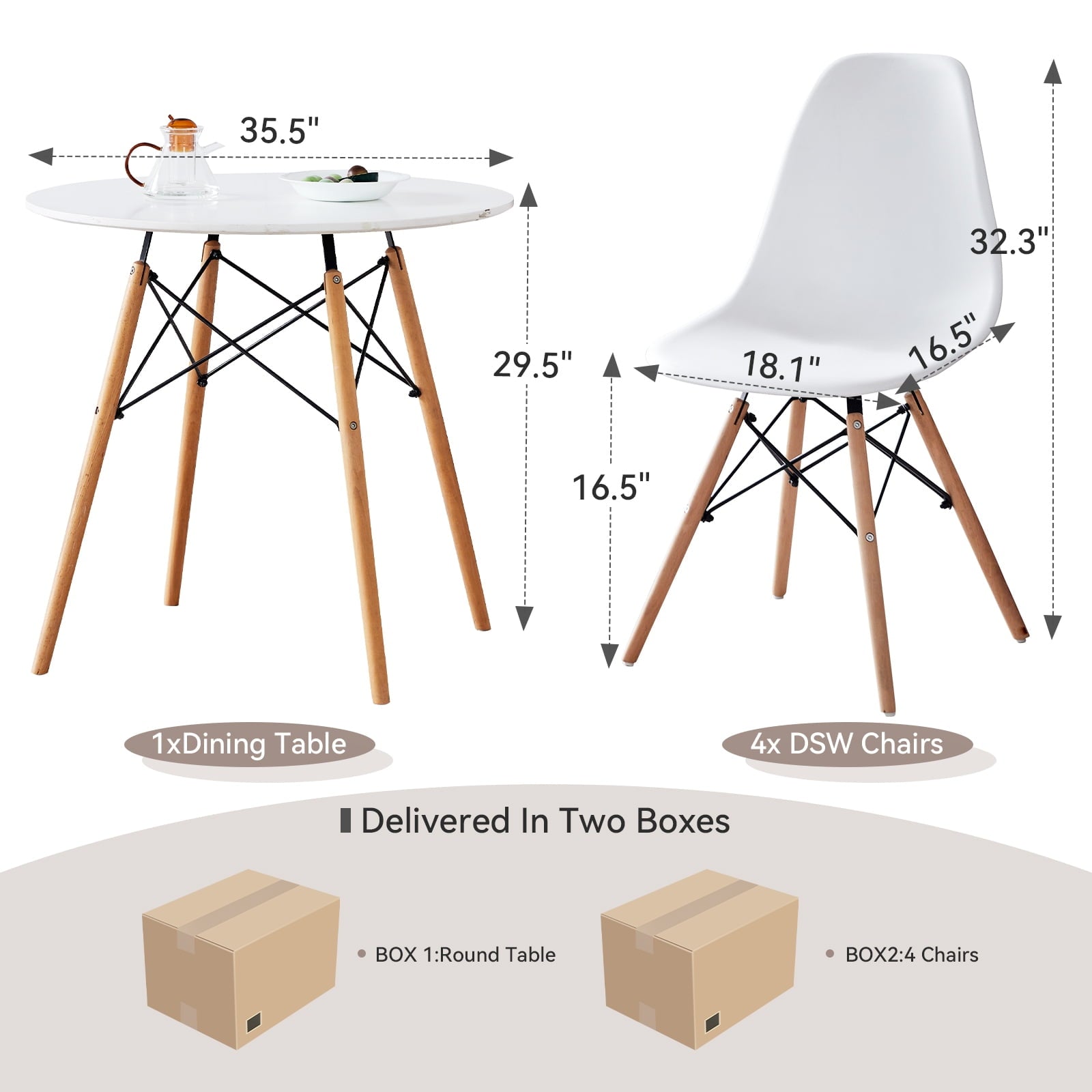 5-Piece 35.5'' Round Dining Table Set for 4, Kitchen Table Chair Set of 4, Mid-Century Modern Dinette Dining Room Table Set Dinner Table for 4 W/Solid Wood Legs, White
