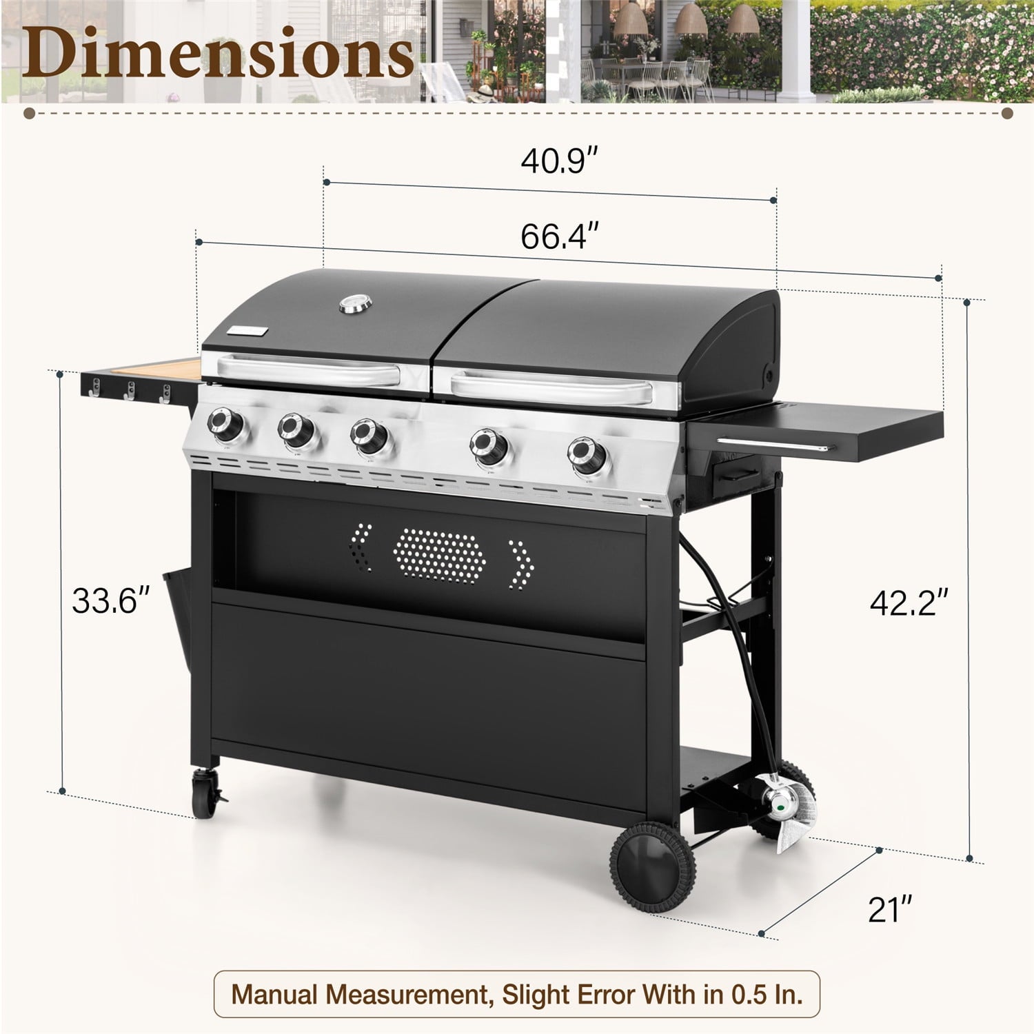 MF Studio 5-Burner Outdoor Propane Gas Grill and Griddle Combo BBQ Grill with Lid 54,000 BUT