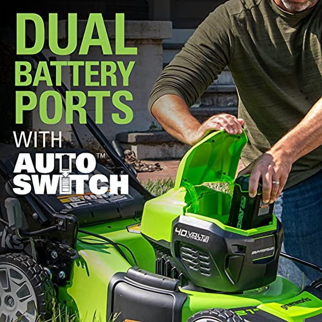 Greenworks 40V 21 Brushless Self-Propelled Lawn Mower, 2 x 4Ah USB (Power Bank) Batteries and Charger Included MO40L4413