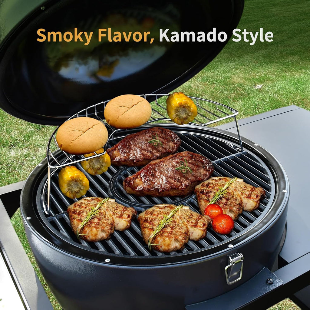 Brand Man 22 Kamado Charcoal Smoker Grill with Rolling Cart, Warming Rack, Pizza Stone & Vegetable Basket for Outdoor BBQ