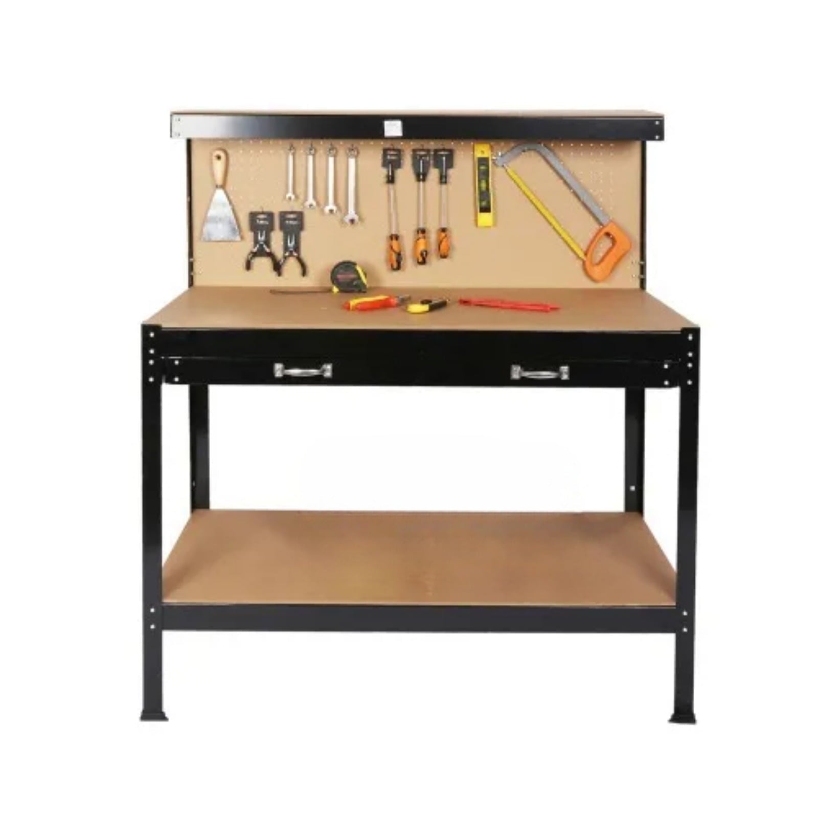 Heavy-duty workbench, home worktable, with a load-bearing capacity of 300 pounds, solid steel frame, MDF surface, drawers, water and rust-proof, suitable for garages and workshops