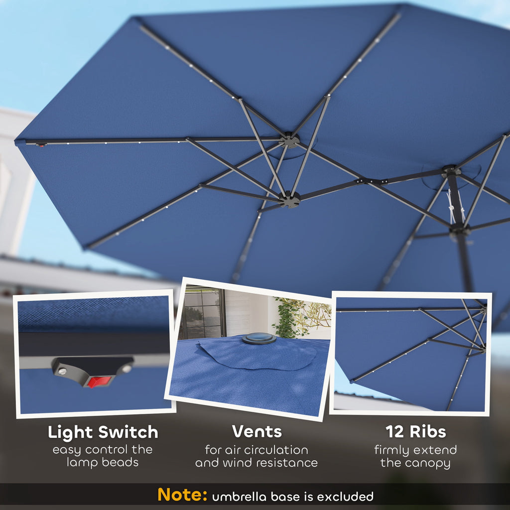 Outsunny Double-Sided Sun Umbrella, Outdoor Garden Parasol, Patio Sun Shade with LED Solar Light, Navy Blue