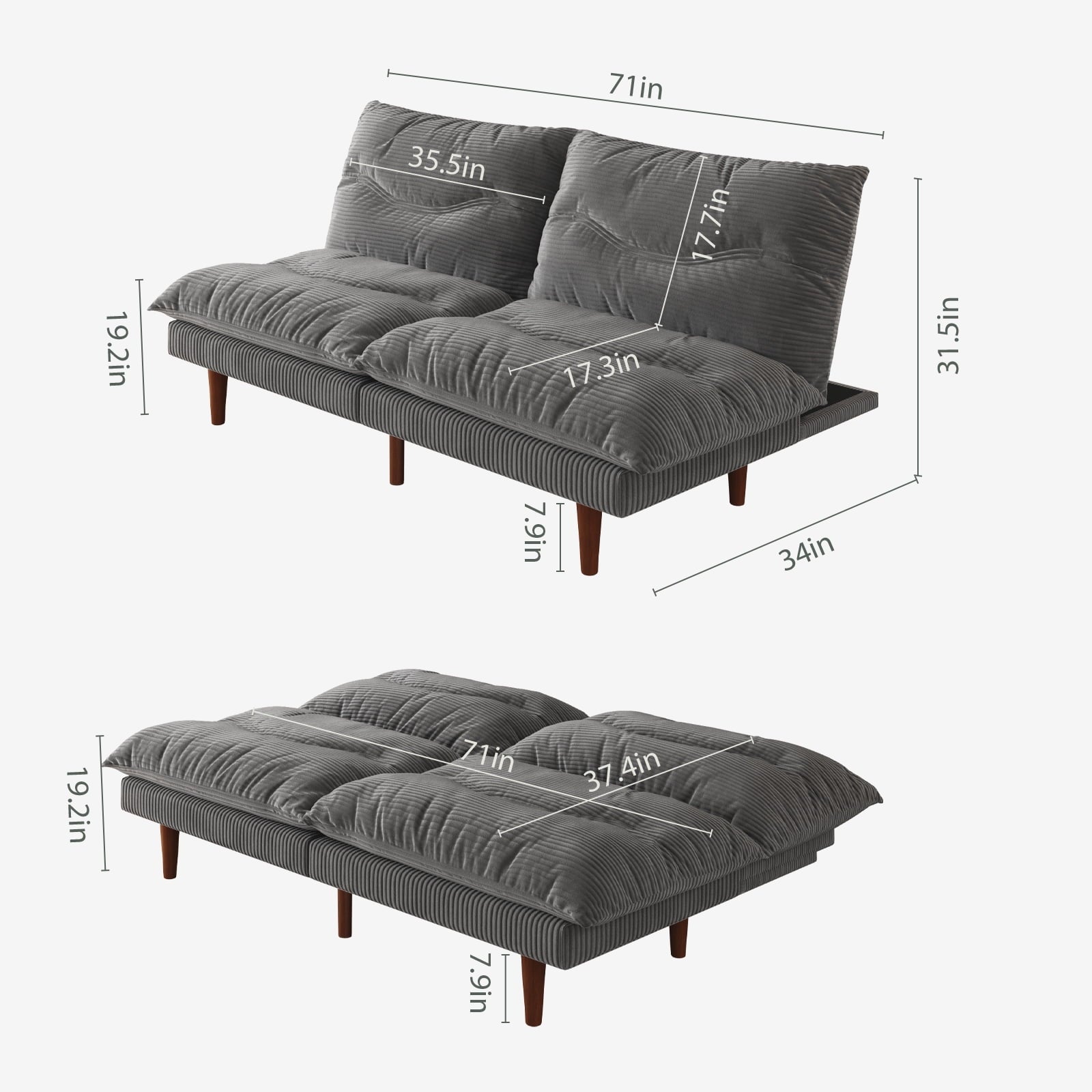 LLappuil 71 Corduroy Futon Convertible Sofa Bed, Loveseat Sleeper Sofa Couch for Living Room Apartment Green