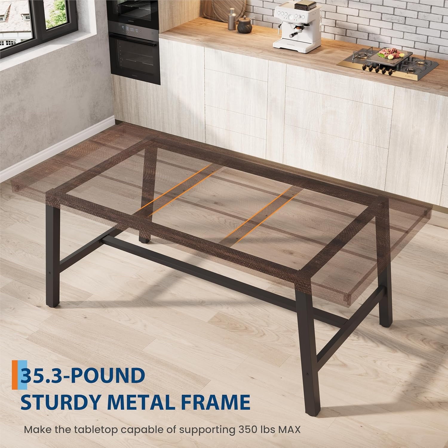Industrial Dining Table for 6-8 People, 70.87 Long Wooden Kitchen Table with Sturdy Metal Frame & Natural Finish, Seats 6 Rectangular Counter for Dinner, Kitchen, Dining Room - Natural