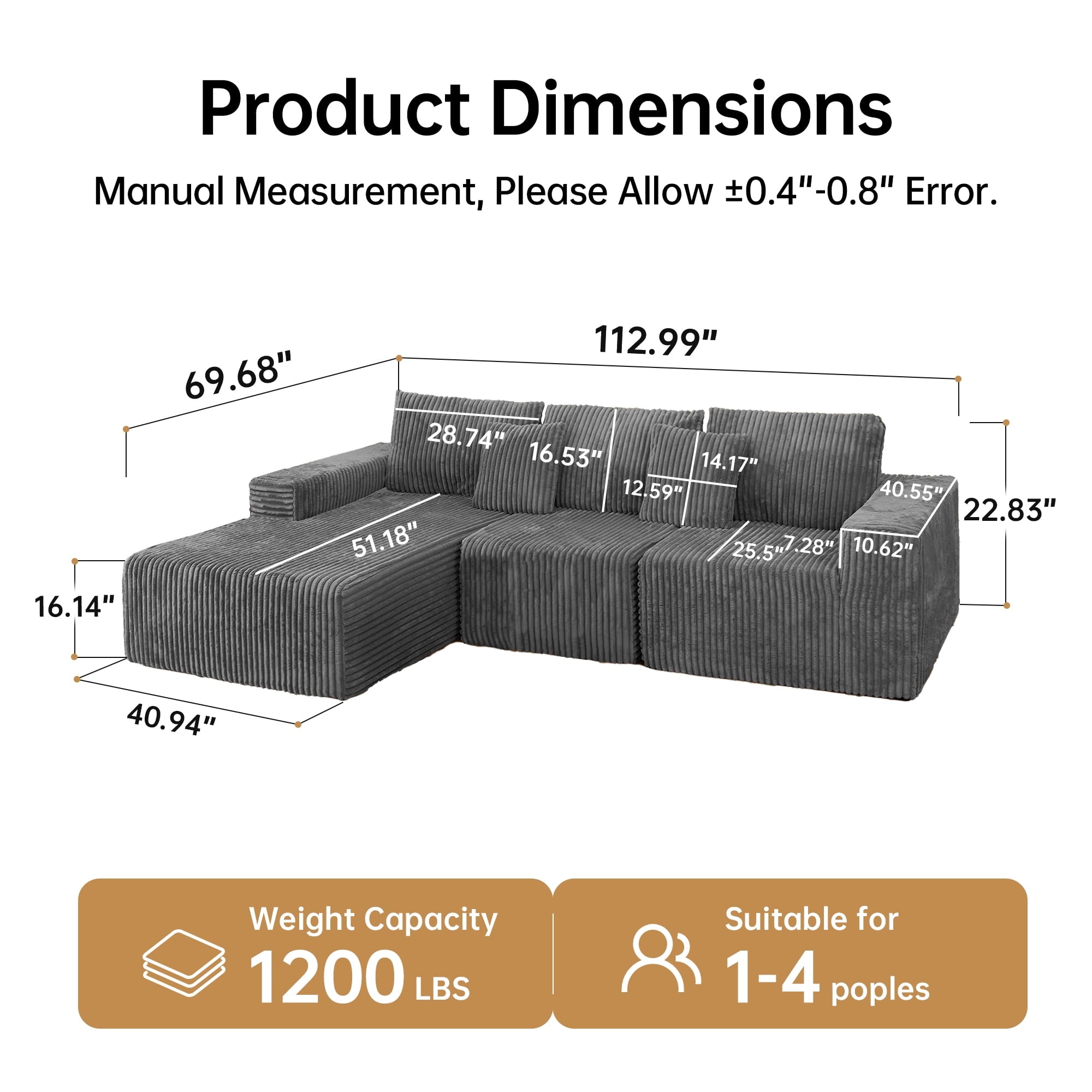 SOULART 138.5 U Shaped Sectional Couch,Gray Cloud Boneless Sofa For Living Room,Plush Corduroy Couches With Deep Seat Chaise Lounge,No Assembly Required