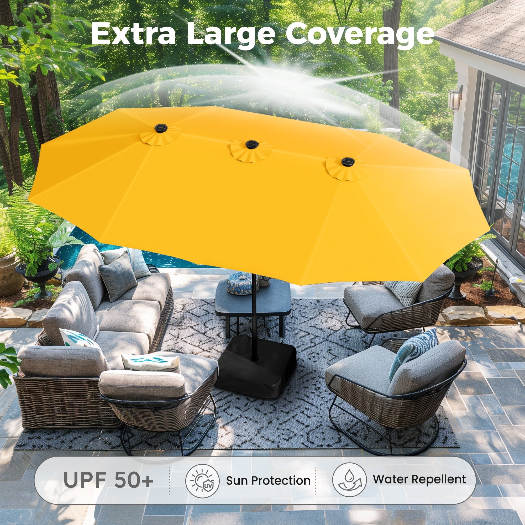 Alpha Joy 15ft Extra Large Outdoor Patio Double-Sided Umbrella with LED Solar Lights & Umbrella Base, Beige