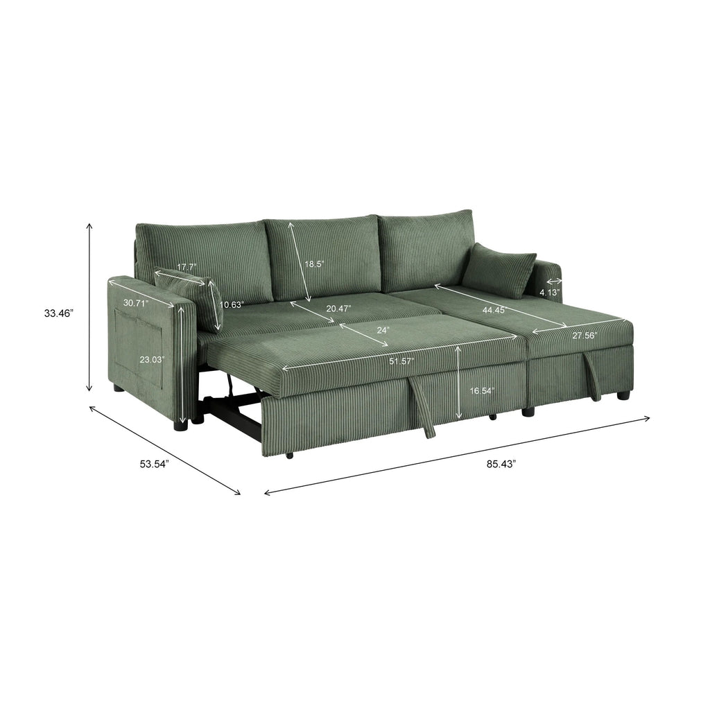 BSHTI L-Shaped Pull-Out Sleeper Sofa Bed with Storage Chaise, 3-Seater Convertible Corduroy Sectional Couch, Solid Wood & Iron Frame, Black