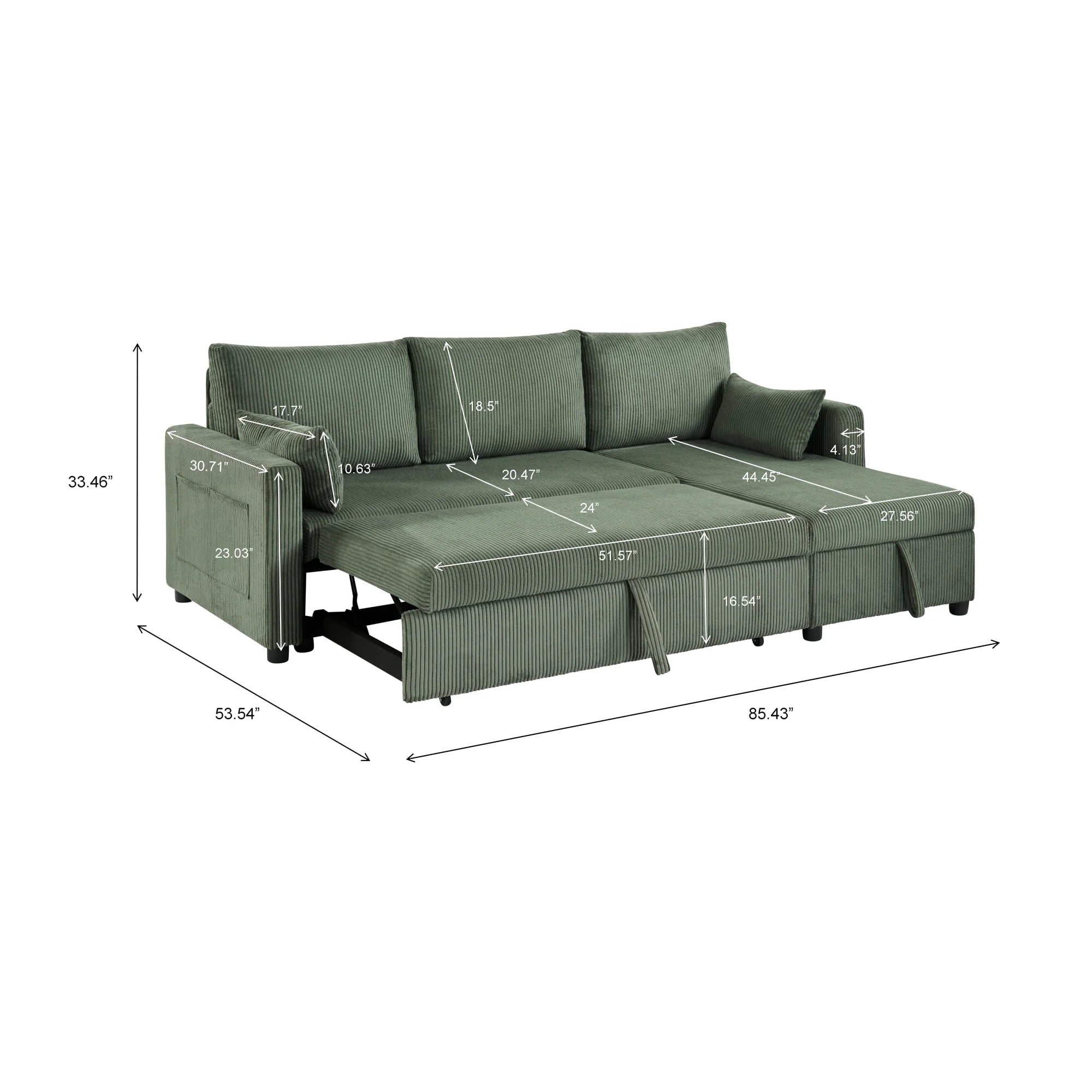 BSHTI L-Shaped Pull-Out Sleeper Sofa Bed with Storage Chaise, 3-Seater Convertible Corduroy Sectional Couch, Solid Wood & Iron Frame, Black