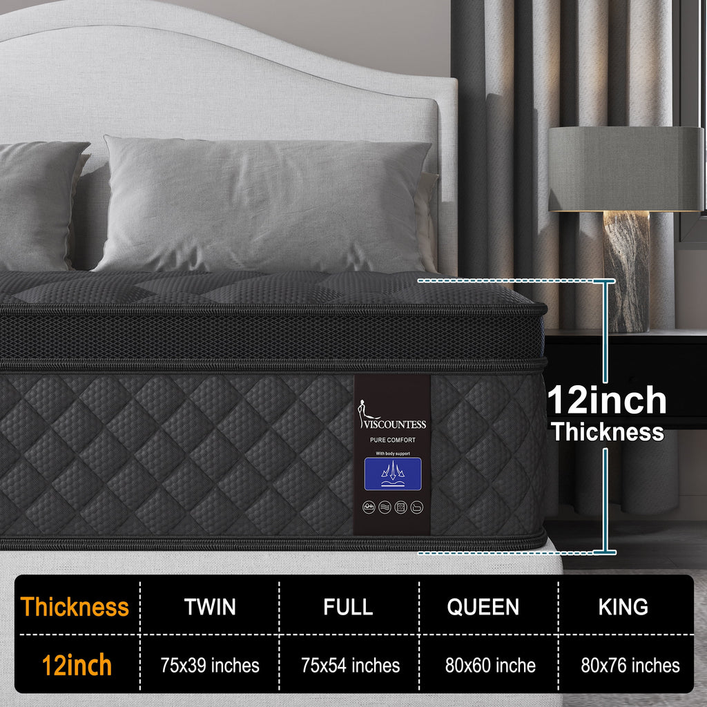 Viscountess 12 Inch Full Mattress Eurotop with Gel Memory Foam Hybrid Mattress in a Box Individually Wrapped Pocket Coils Innerspring Motion Isolation Edge Support