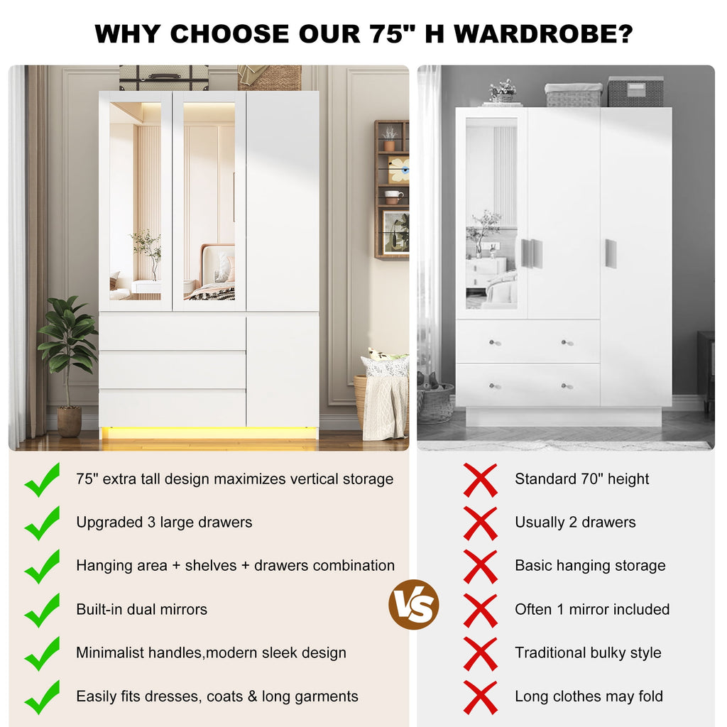 75 Tall 3 Doors Armoire Wardrobe Closet with  3 Drawers and Mirror, Large Wardrobe Closet for Bedroom with LED Lights, Wooden Armoire Storage Cabinet with Hanging Rod, Adjustable shelves (White)