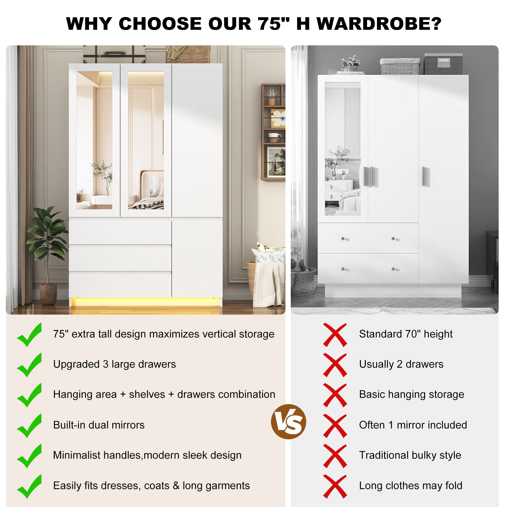 75 Tall 3 Doors Armoire Wardrobe Closet with  3 Drawers and Mirror, Large Wardrobe Closet for Bedroom with LED Lights, Wooden Armoire Storage Cabinet with Hanging Rod, Adjustable shelves (White)