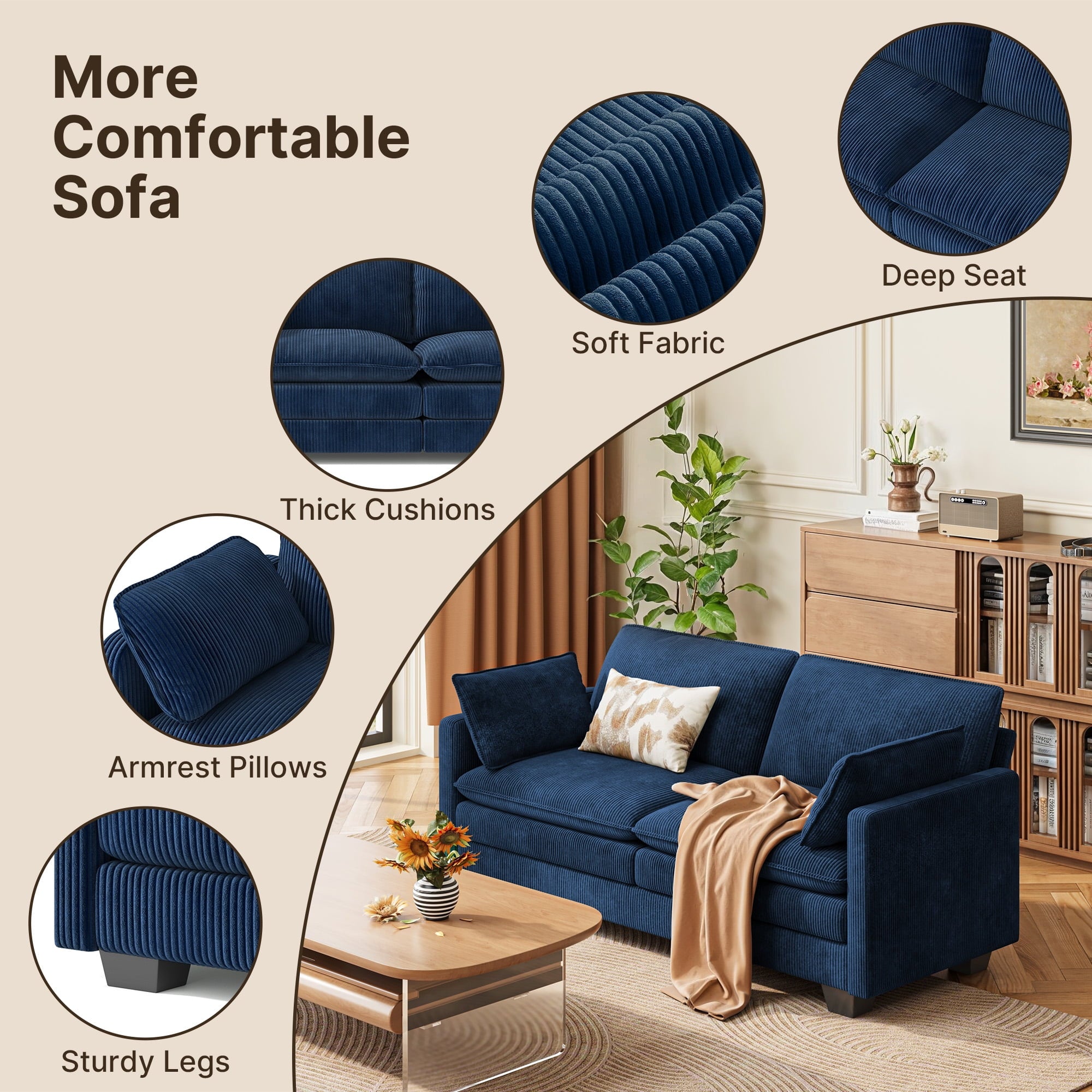 75’’ Cloud Couches for Living Room, Noelse L Shaped Modular Sofa with Deep Seats, 2 Seater Love Seat Couch with Removable Washable Corduroy Fabric for Living Room Bedroom and Apartment, Gray