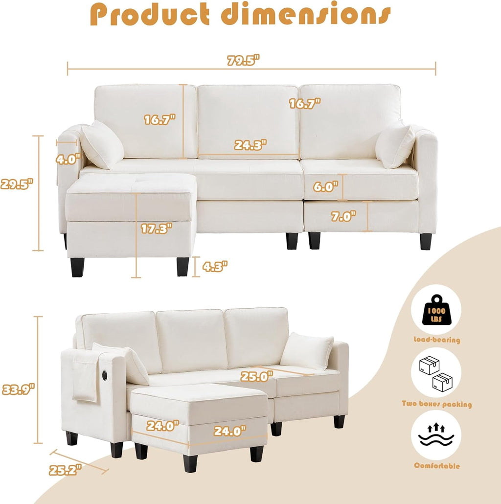 Haverchair L-Shape Chenille Sectional Sofa with Storage Ottoman,Modern Convertible Couch with Removable Cover,USB and Type-C,Side Pockets,Armrest Pillows for Living Room,Apartment,Office,White