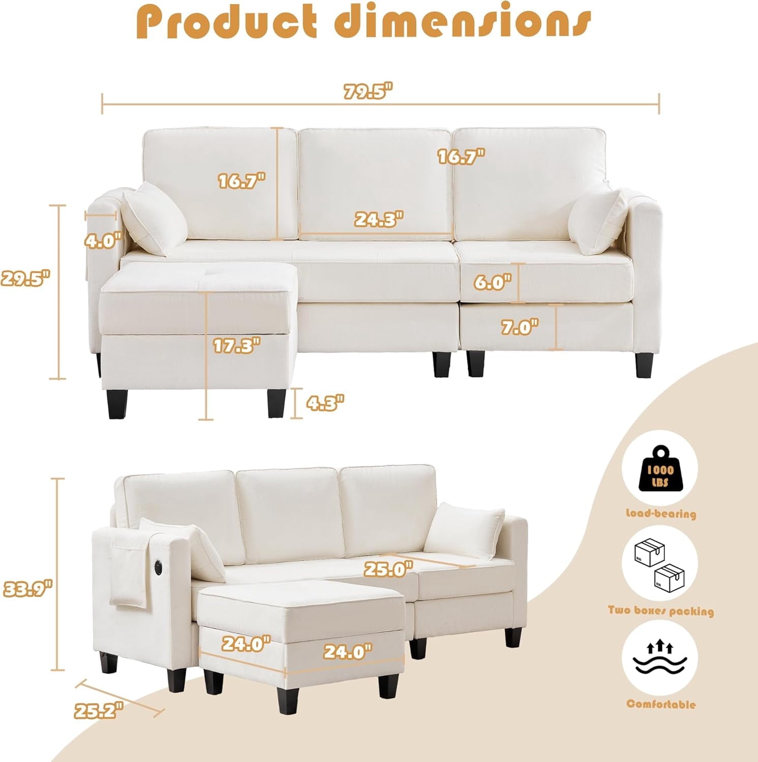 Haverchair L-Shape Chenille Sectional Sofa with Storage Ottoman,Modern Convertible Couch with Removable Cover,USB and Type-C,Side Pockets,Armrest Pillows for Living Room,Apartment,Office,White