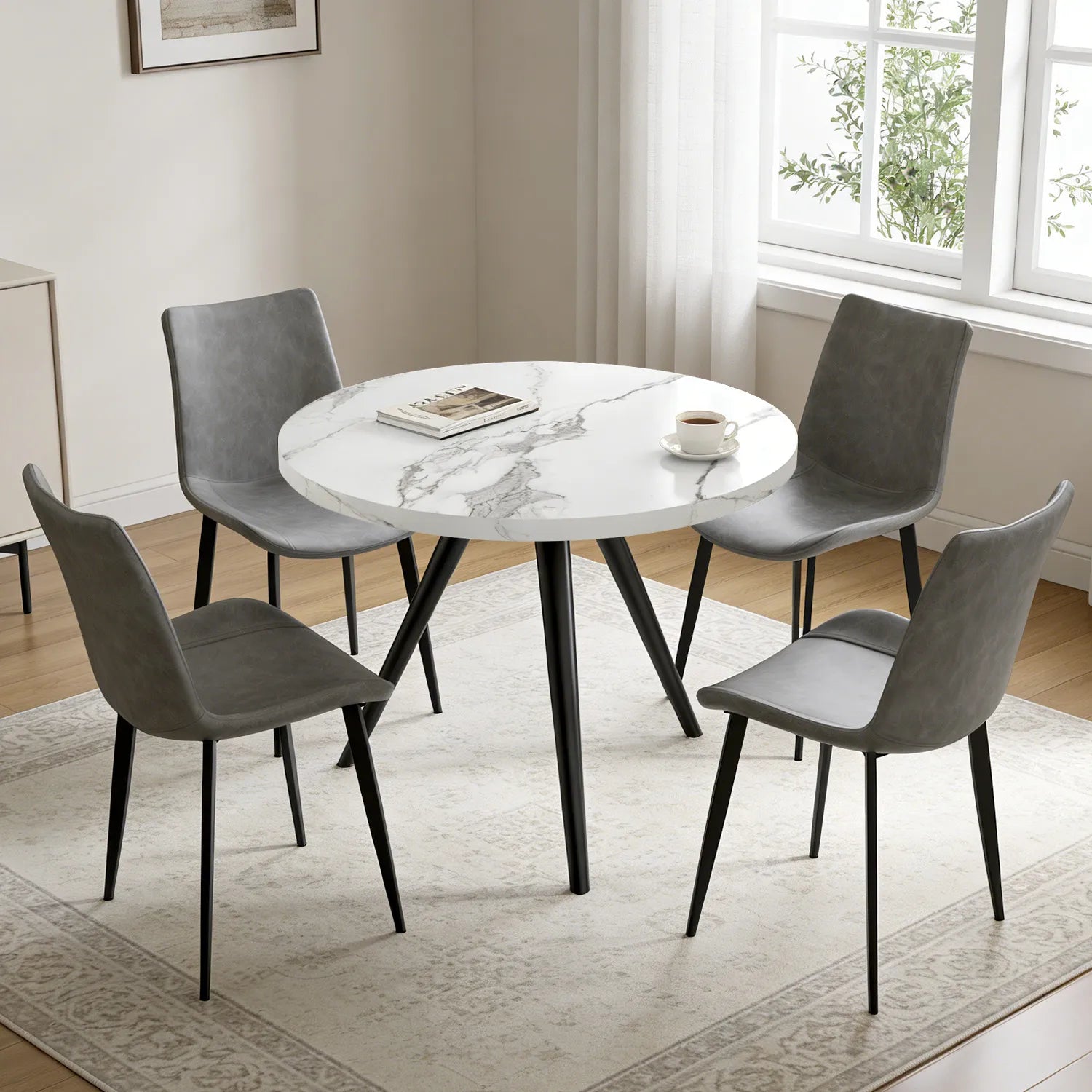 34.8 Round Dining Table for 4 People, Modern Circle Kitchen Table with Metal Legs for Kitchen, Dining Room, Apartment,Gray