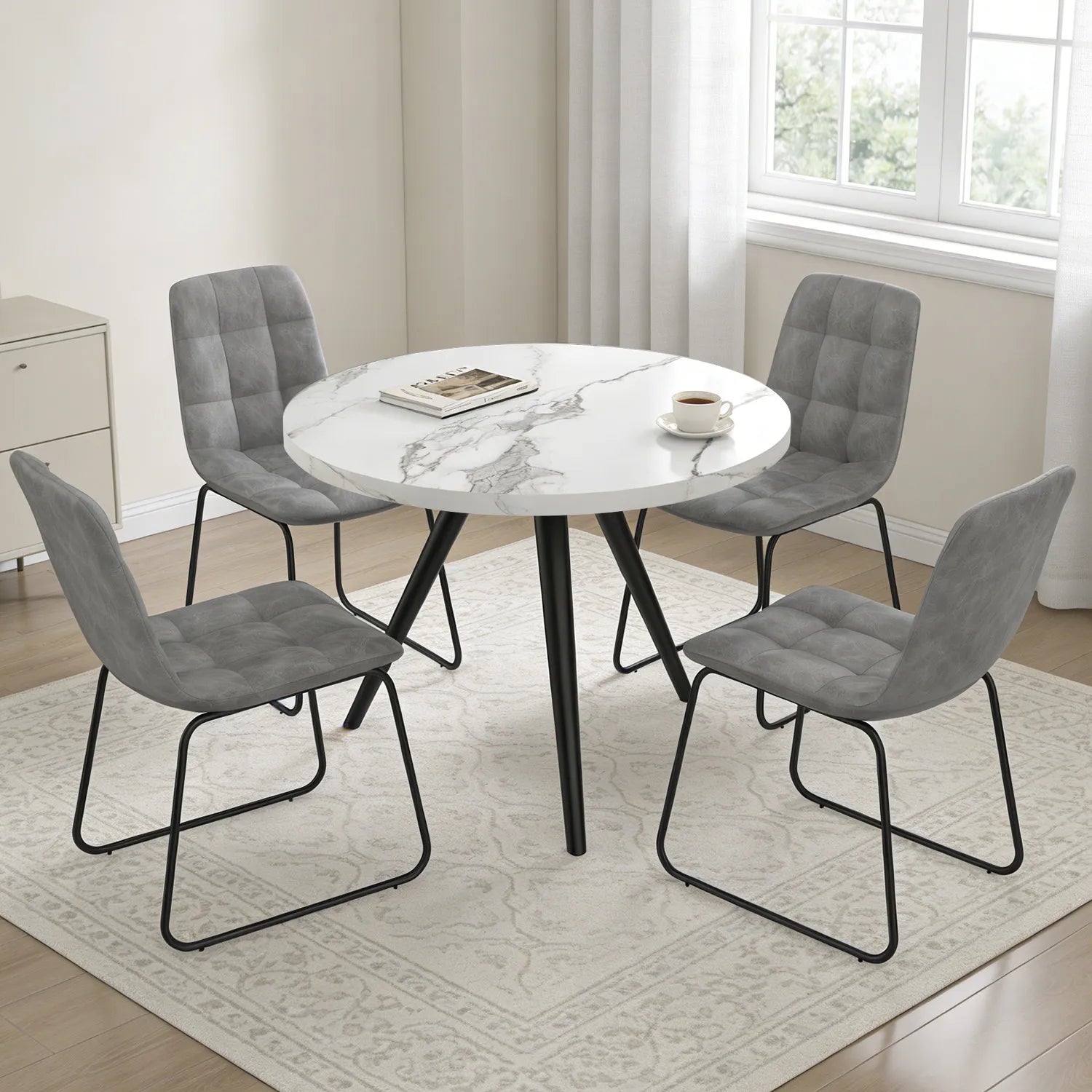 34.8 Round Dining Table for 4 People, Modern Circle Kitchen Table with Metal Legs for Kitchen, Dining Room, Apartment,Gray
