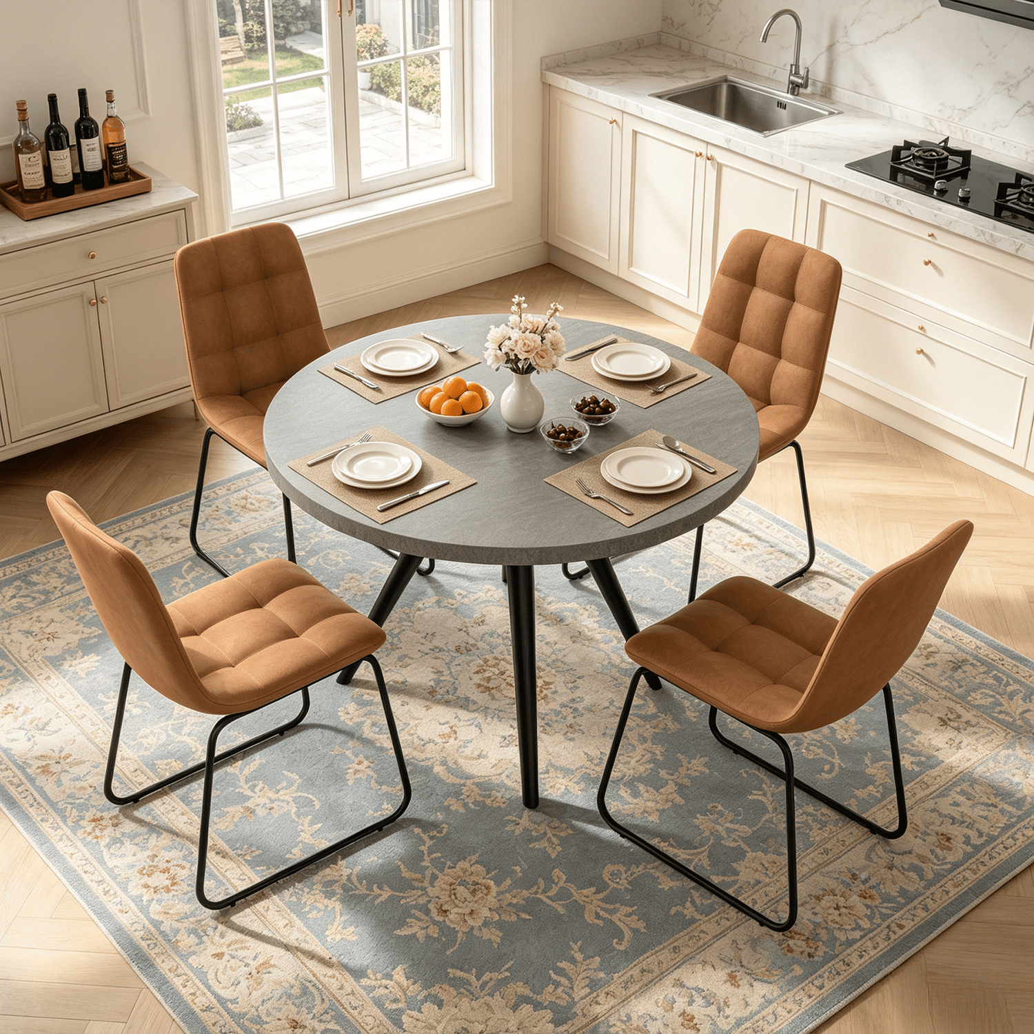 34.8 Round Dining Table for 4 People, Modern Circle Kitchen Table with Metal Legs for Kitchen, Dining Room, Apartment,Gray