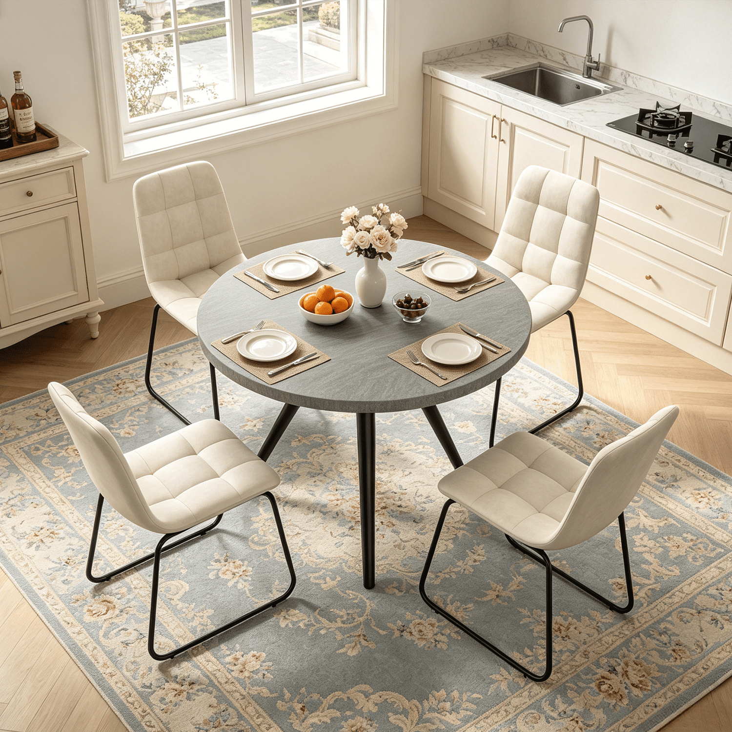 34.8 Round Dining Table for 4 People, Modern Circle Kitchen Table with Metal Legs for Kitchen, Dining Room, Apartment,Gray
