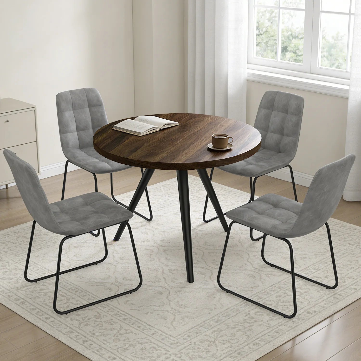 34.8 Round Dining Table for 4 People, Modern Circle Kitchen Table with Metal Legs for Kitchen, Dining Room, Apartment,Gray