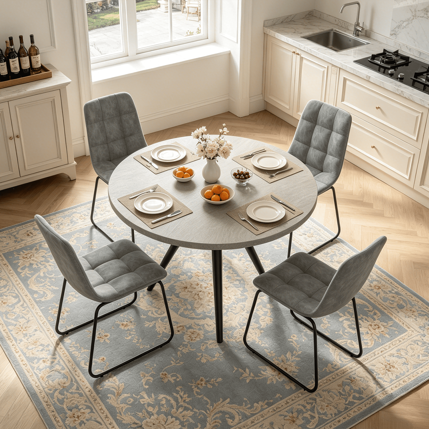 34.8 Round Dining Table Set for 4,5 Piece Mid-Century Modern Dining Set with 4 Upholstered Dining Chairs,Leisure Coffee Table for Kitchen Dining Room, Save Space