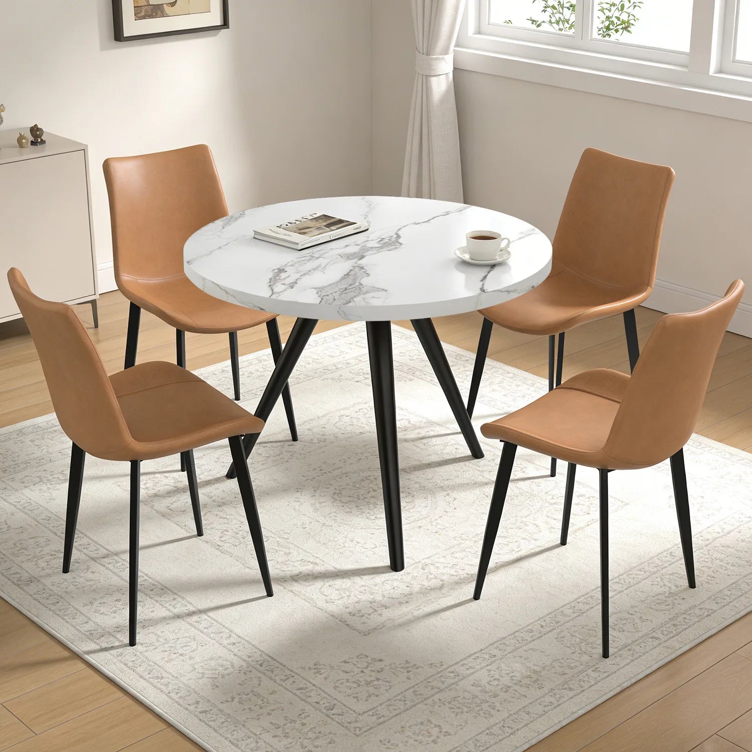 34.8 Round Dining Table Set for 4,5 Piece Mid-Century Modern Dining Set with 4 Upholstered Dining Chairs,Leisure Coffee Table for Kitchen Dining Room, Save Space