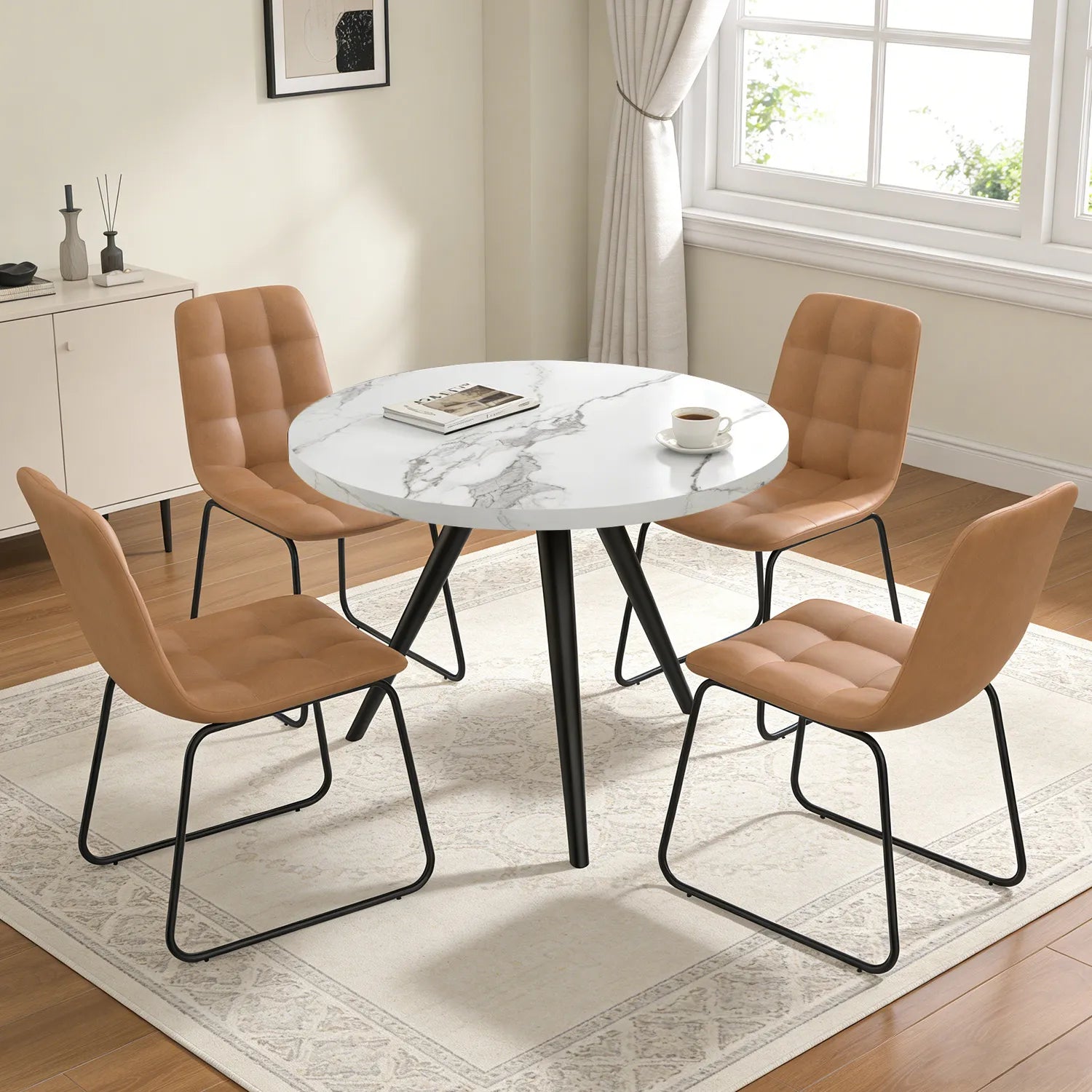 34.8 Round Dining Table for 4 People, Modern Circle Kitchen Table with Metal Legs for Kitchen, Dining Room, Apartment,Gray