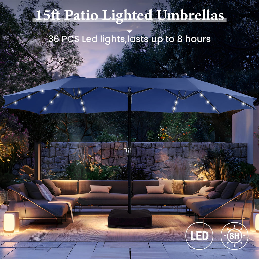 SUMMIT LIVING 15ft Double-Sided Solar Patio Umbrella with Base (Included) Large Outdoor Umbrella with Solar Lights - Beige