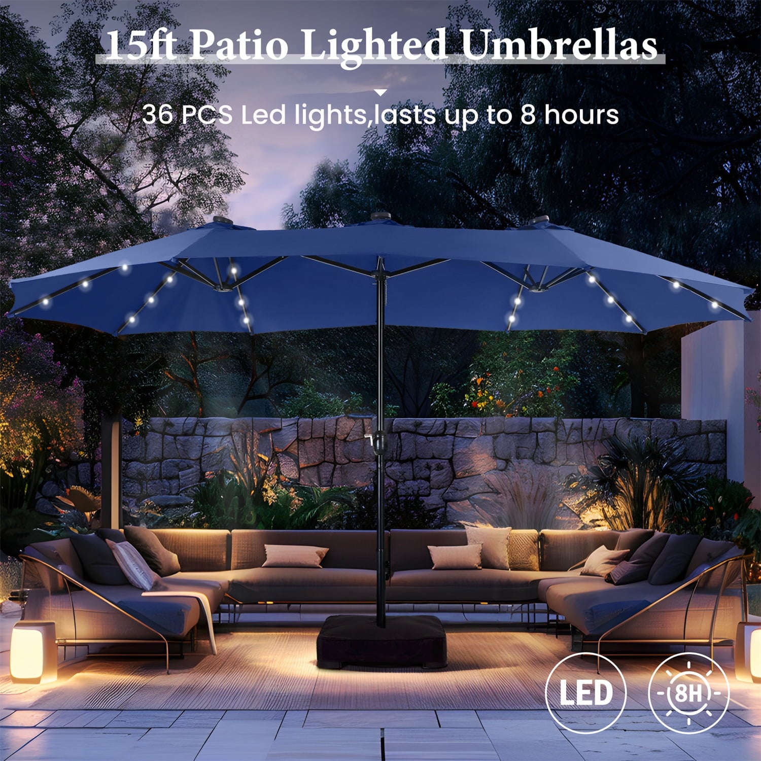 SUMMIT LIVING 15 FT Double-Sided Solar Patio Umbrella with Base Large Outdoor Umbrella with LED Solar Lights - Haze Blue