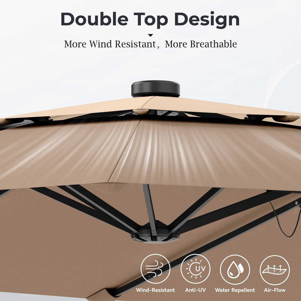 Alpha Joy 15ft Dual-Layer Extra Large Outdoor Patio Umbrella Double-Sided Ventilation Umbrella with Led Lights & Umbrella Base, Beige
