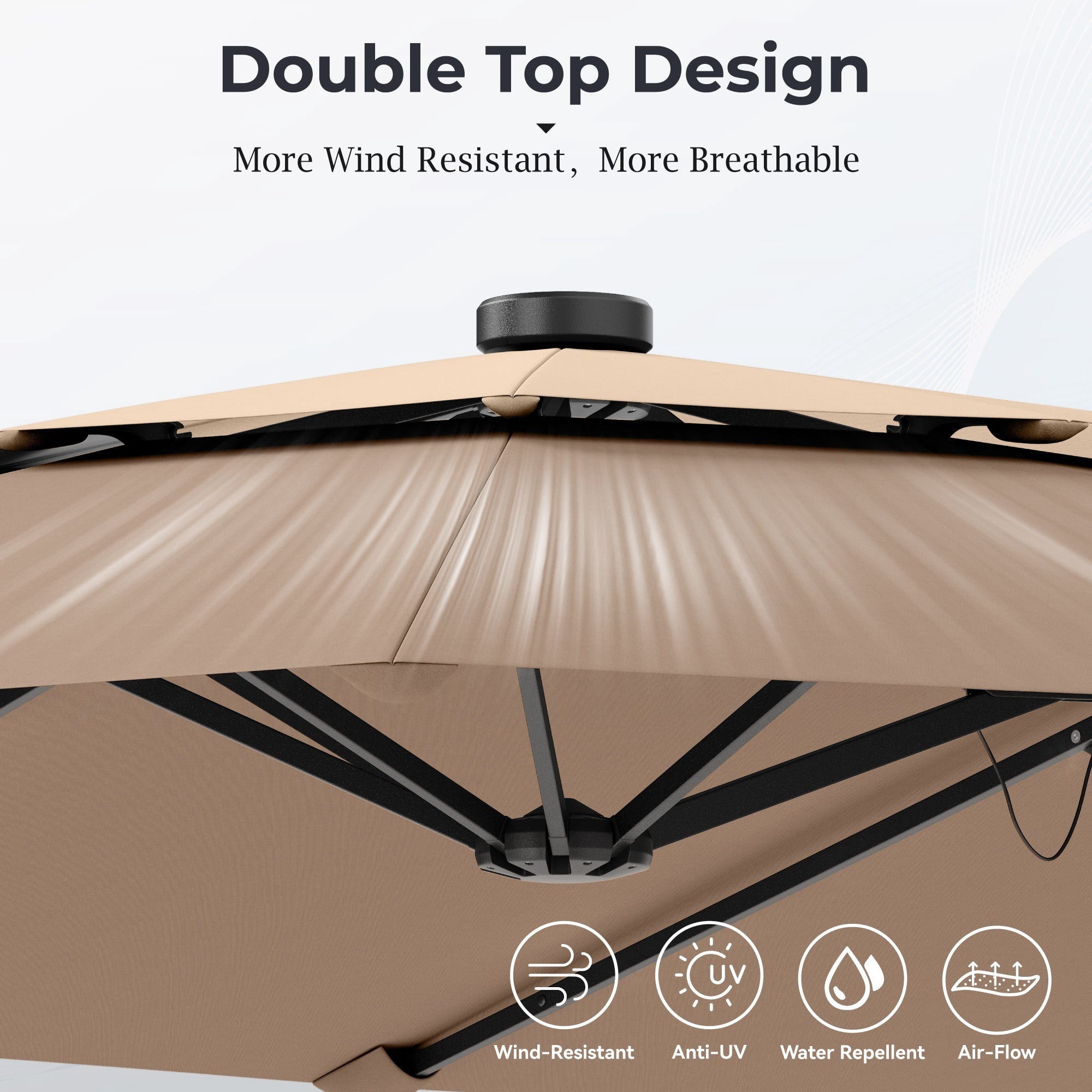 Alpha Joy 15ft Dual-Layer Extra Large Outdoor Patio Umbrella Double-Sided Ventilation Umbrella with Led Lights & Umbrella Base, Beige