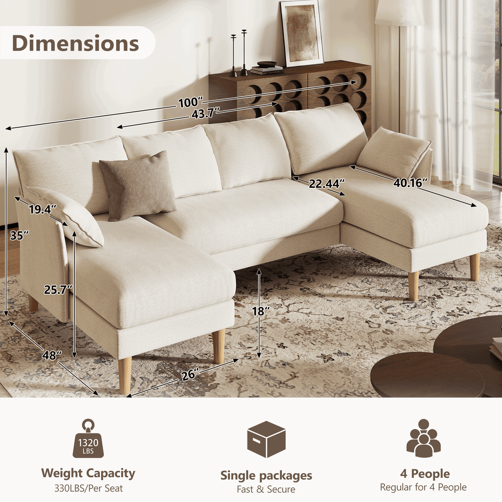 BedLuxury 100 U-Shape Sectional Sofa with Chaise, Chenille Modern Couch with High Legs for Living Room, Apartment, Gray