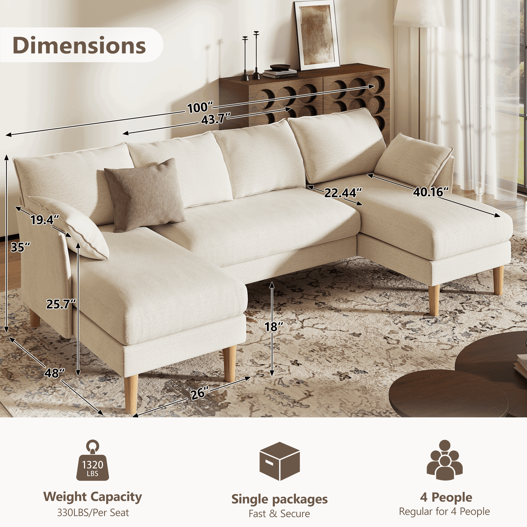 BedLuxury 100 U-Shape Sectional Sofa with Chaise, Chenille Modern Couch with High Legs for Living Room, Apartment, Gray