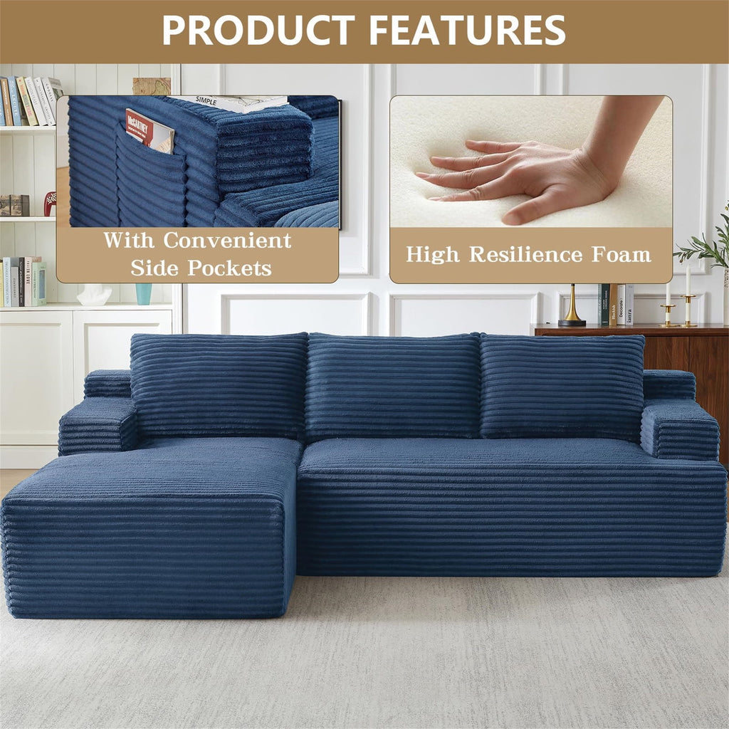 Aukfa 95 Cloud Sectional Sofa Deep Seat Boneless Couch Modular L-Shaped Couch, Left Chaise Corduroy Sofa for Living Room, Black