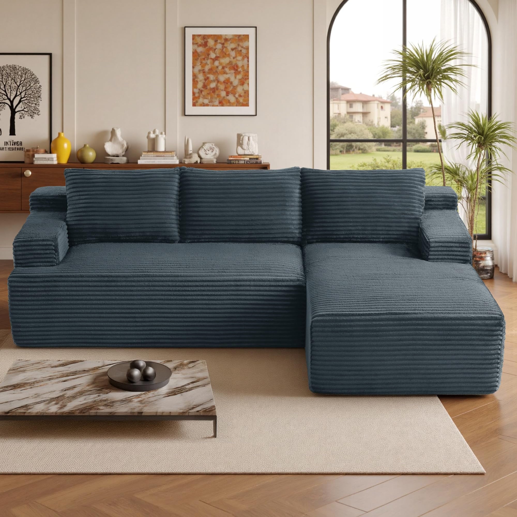 96 L-Shaped Sectional Couches for Living Room, Modular Cloud Couch with Chaise, Corduroy Deep Seat Boneless Sofa, No Assembly, Black