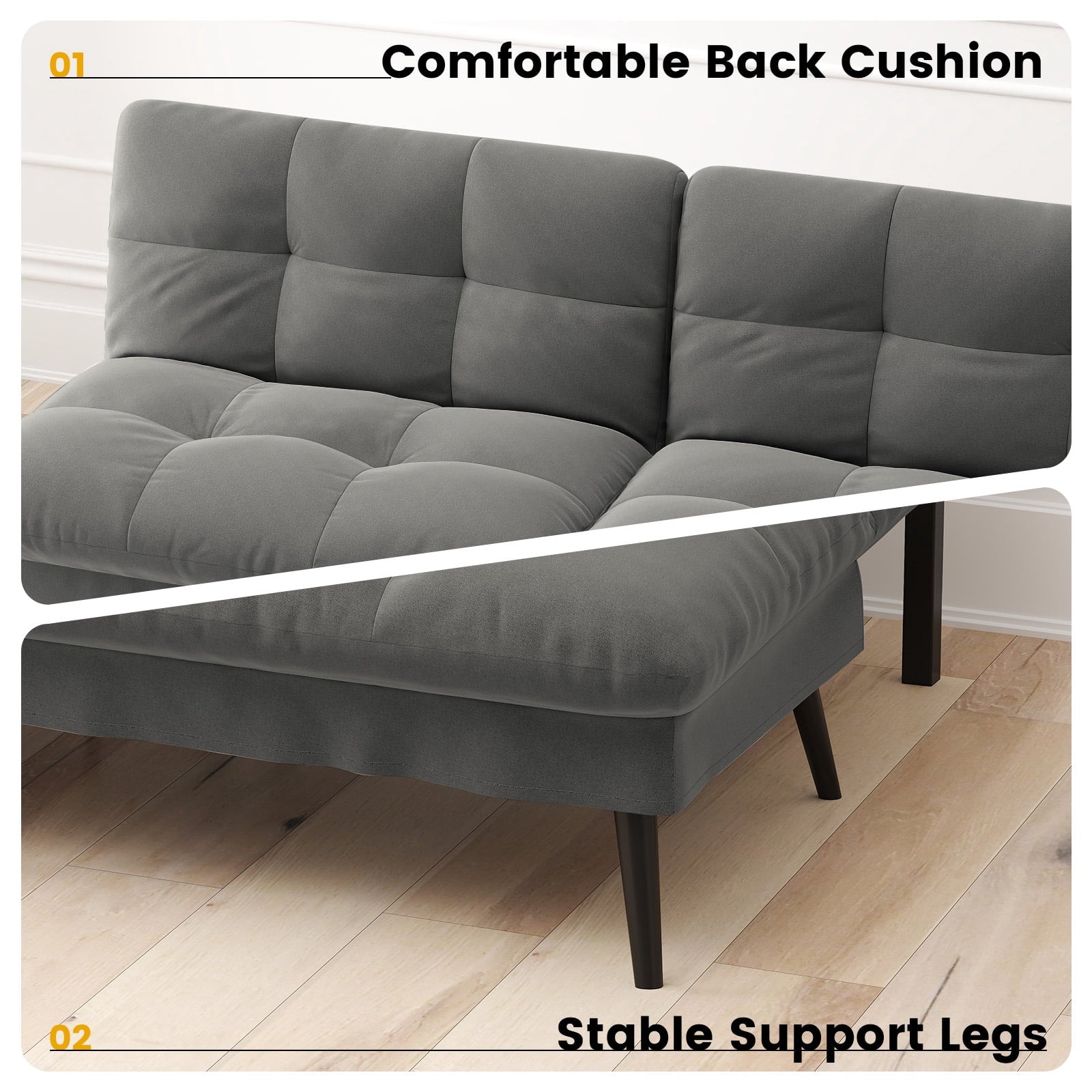 CloudRest Pro 72 Modern Convertible Futon Sofa Bed, Upholstered Futon Couch with 5 Adjustable Backrest Angles,Suitable for Apartment,Living Room,Black