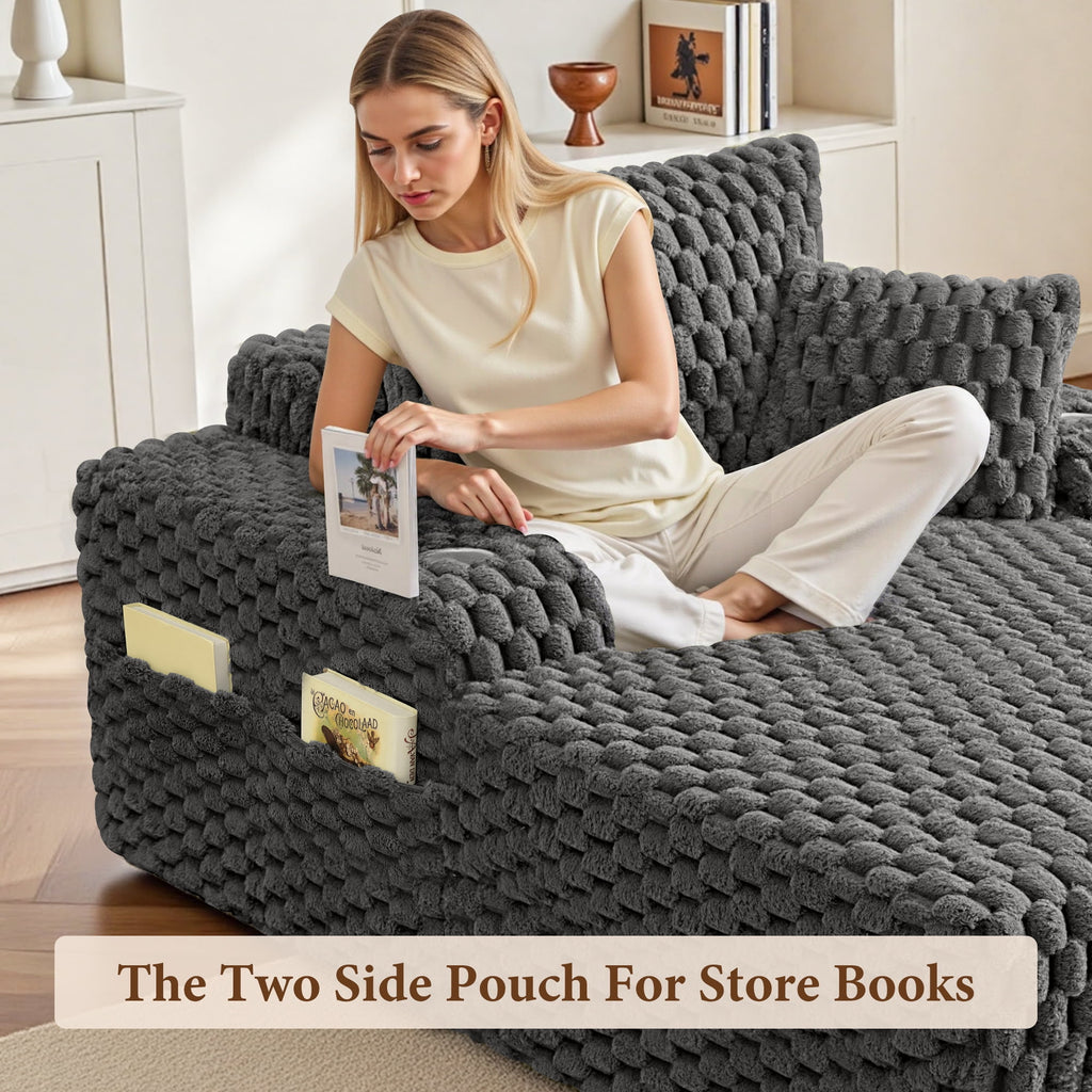 ATHOPE 67.3 Chaise Lounge Chair Indoor, Corduroy Couch Chair with Pillows, Comfy Reading Chairs with Wide Arms, Upholstered Sleeper Sofa for Living Room, No Assembly Required, Gray