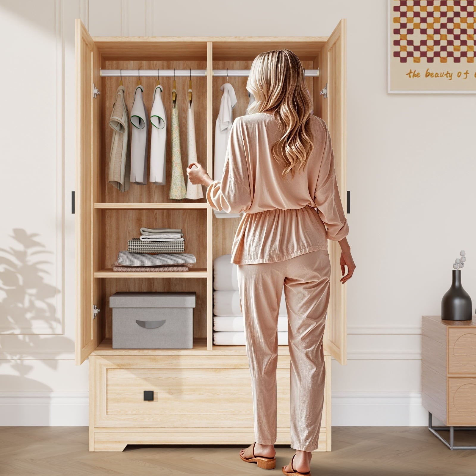 Ktaxon Wardrobe Armoire Closet with Hanging Rod, Modern Drawer & Shelf – Elegant White Finish Closet, Farmhouse to Mid-Century Style