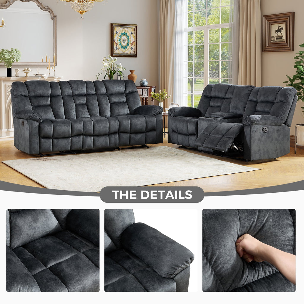 Bonzy Home Brown Manual Recliner Sofa Set with Single Seat, Loveseat, Hidden Storage and Cup Holders