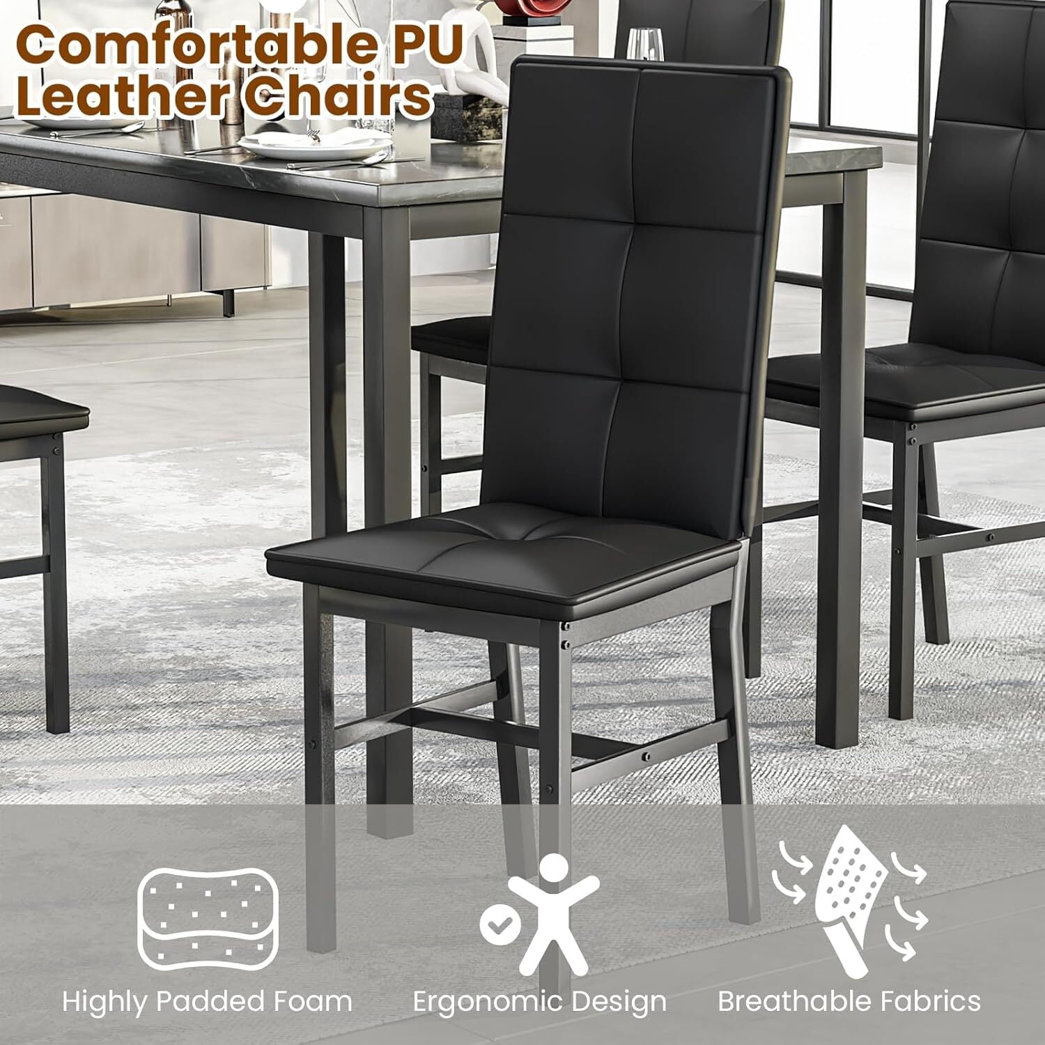 MOOSENG Dining Table Set for 4, Faux Marble Kitchen Table and Chairs Set of 4, 5-Piece Dining Room Set with PU Leather Upholstered Chairs for Small Space, Gray