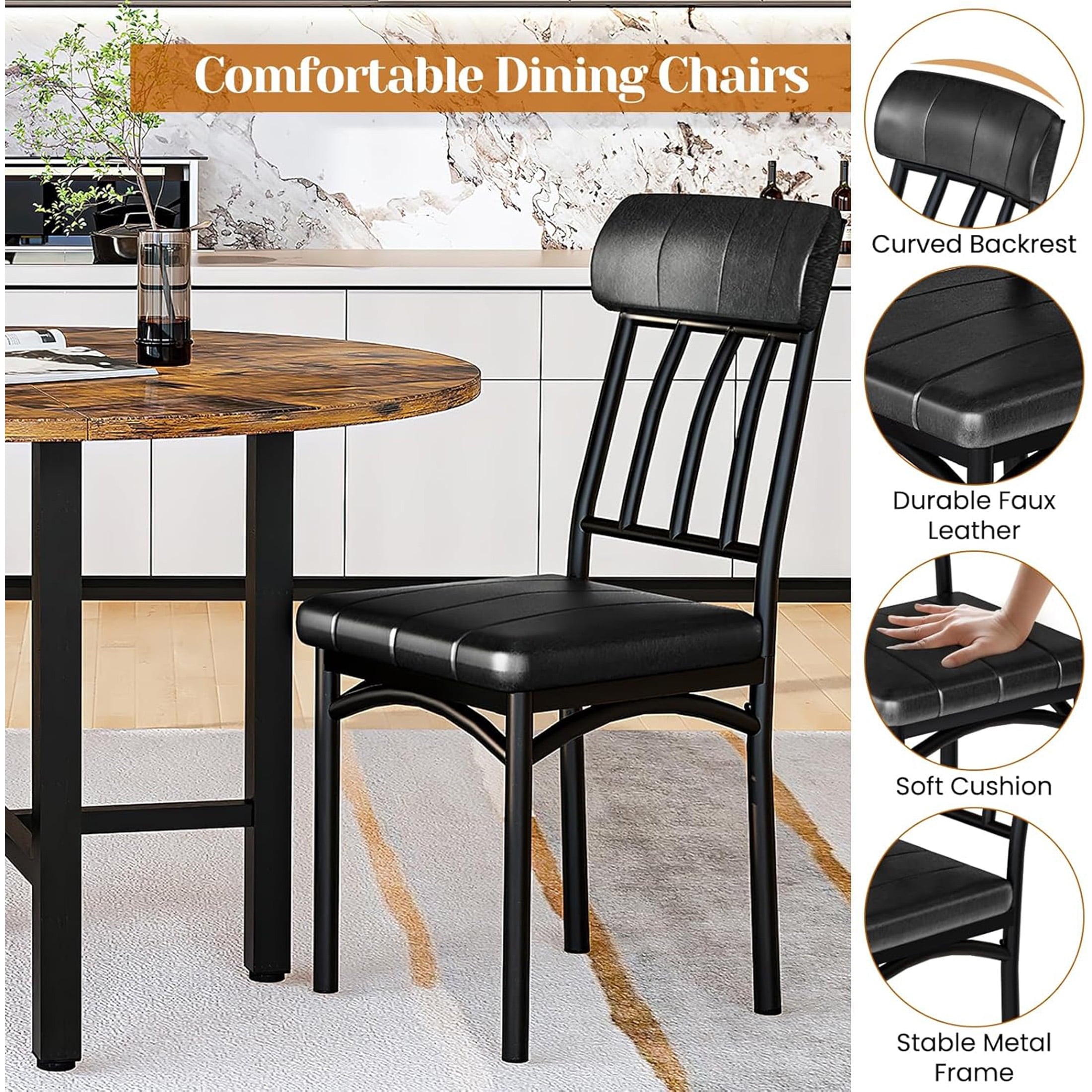 LinkRomat Round Dining Table Set for 4, Modern Dining Room Sets with 4 Faux Leather Chairs, Kitchen Dinner Wooden Table & Chair Set for Small Space, Grey