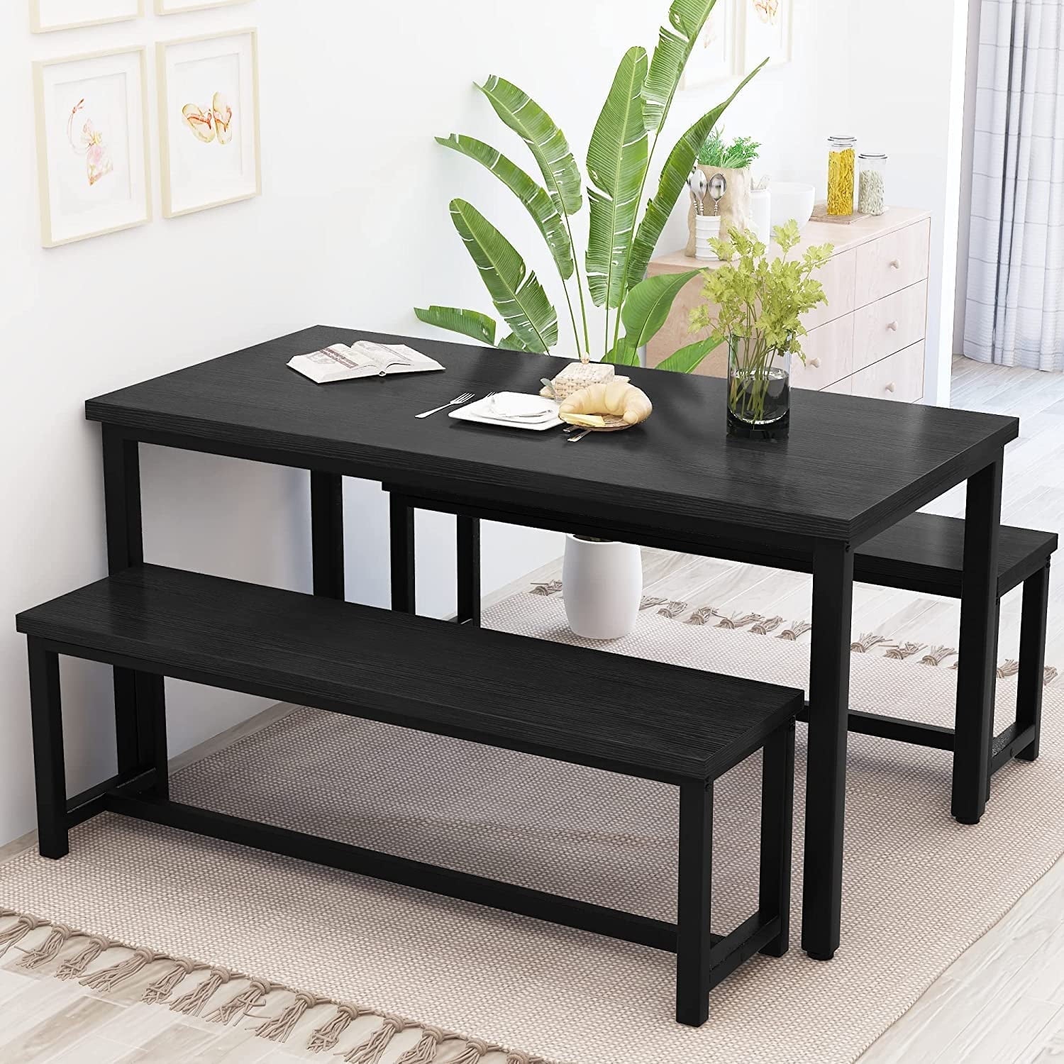 MIERES Kitchen Dining Set: Rectangular solid wood dining table with two benches, suitable for 2 to 4 people, small dining set, black