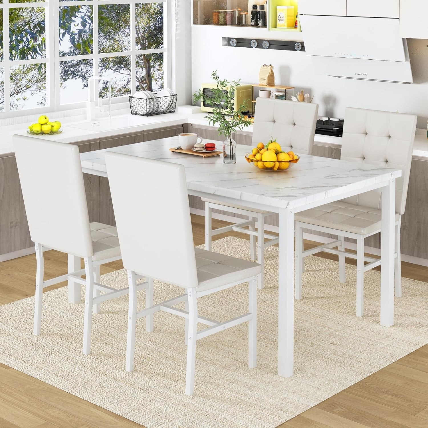 LinkRomat 5-Piece Faux Marble Dining Table Set for 4, Modern Kitchen Table with Chairs, Dinette Dining Room Furniture Set for Compact Space Saving