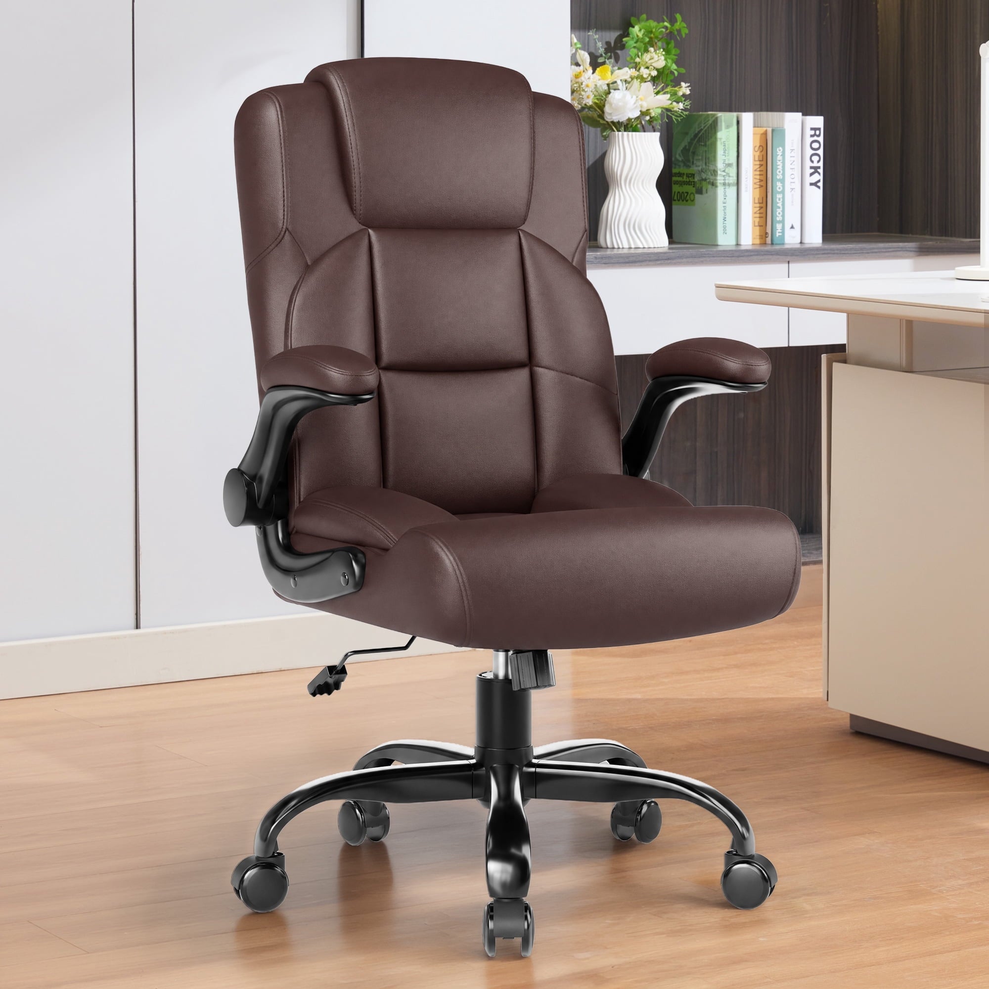 JONPONY Leather Office Chair, Big and Tall 500lbs Ergonomic Desk Chairs with Back Support, Executive Leather Chair with Wheels for Home Office, with Adjustable Padded Armrest & Lumbar Support , Black