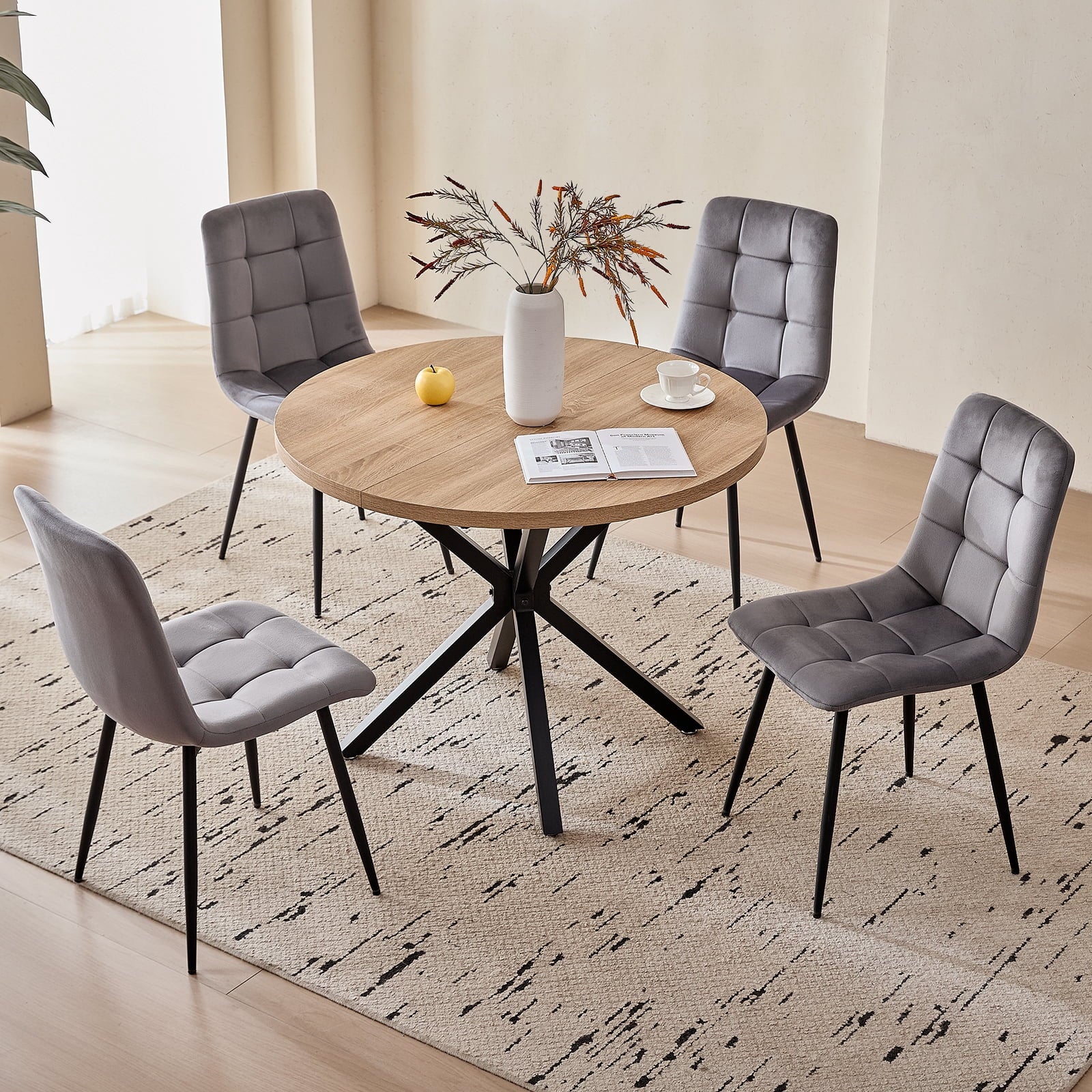 5 Piece 39 Round Dining Table Set for 4, Mid Century Kitchen Table with 4 Khaki Fabric Upholstered Dining Chairs for Apartment Living Room, Space Saving Table.