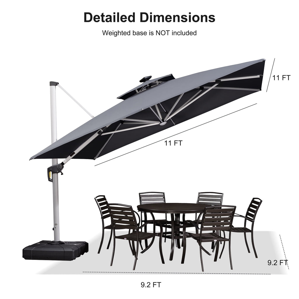 PURPLE LEAF 9 x 12FT Deluxe Rectangle Solar Powered LED Patio Umbrella with Base, Large Offset Cantilever Umbrella with 360° Rotation, Navy Blue