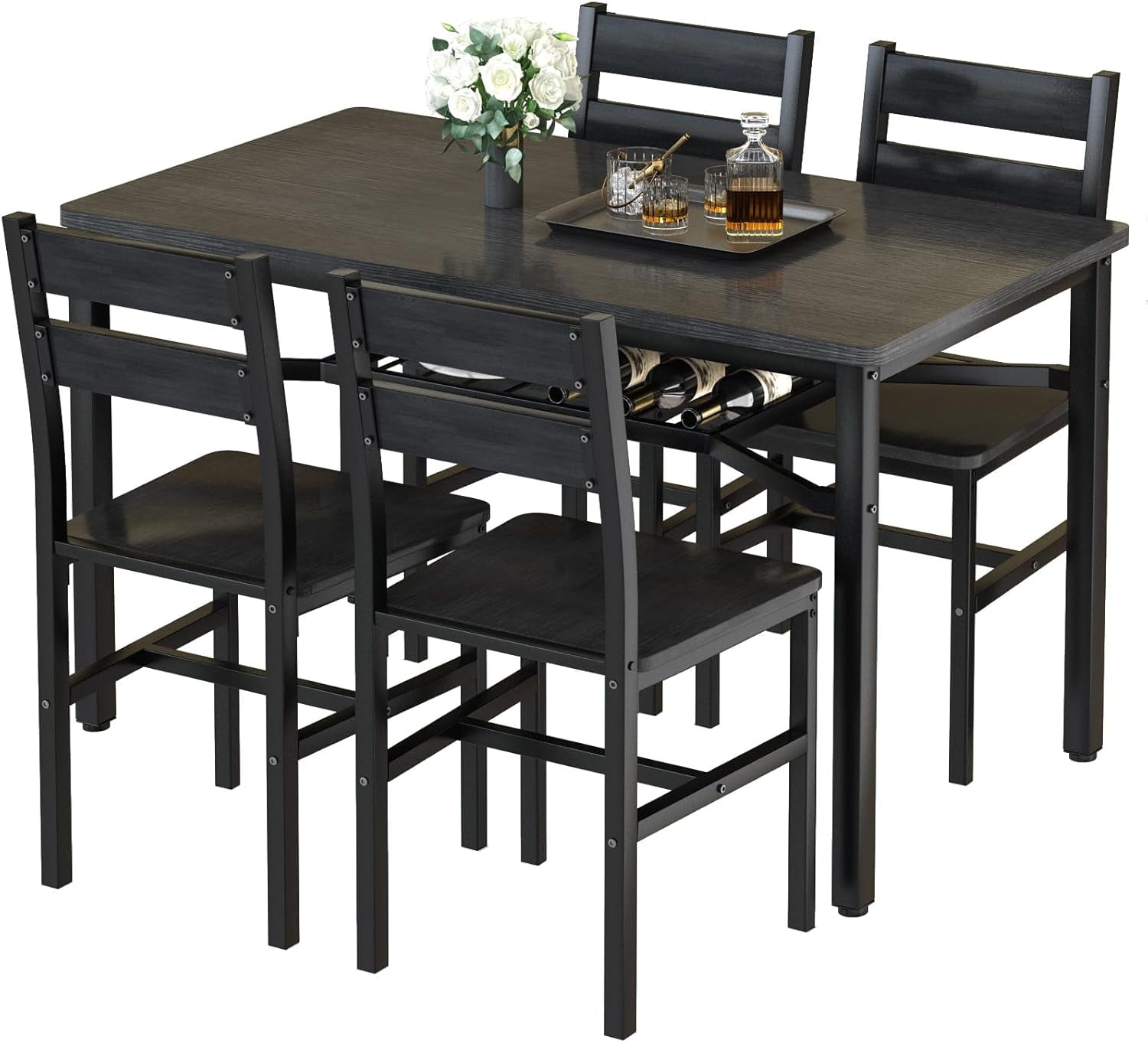 LinkRomat Dining Table Set for 4, Farmhouse Kitchen Table with 4 Wood Chairs, Dining Room Set for Breakfast Nook, Small Places, Restaurant, Gray