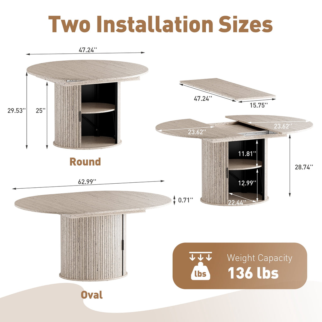 EOP 47″- 63″ Extendable Round Dining Table for 4-6, Wooden Kitchen Table with Hidden Storage and Fluted Sliding Door Cabinet, Modern Space-Saving Table for Dining Room Kitchen, Natural Wood