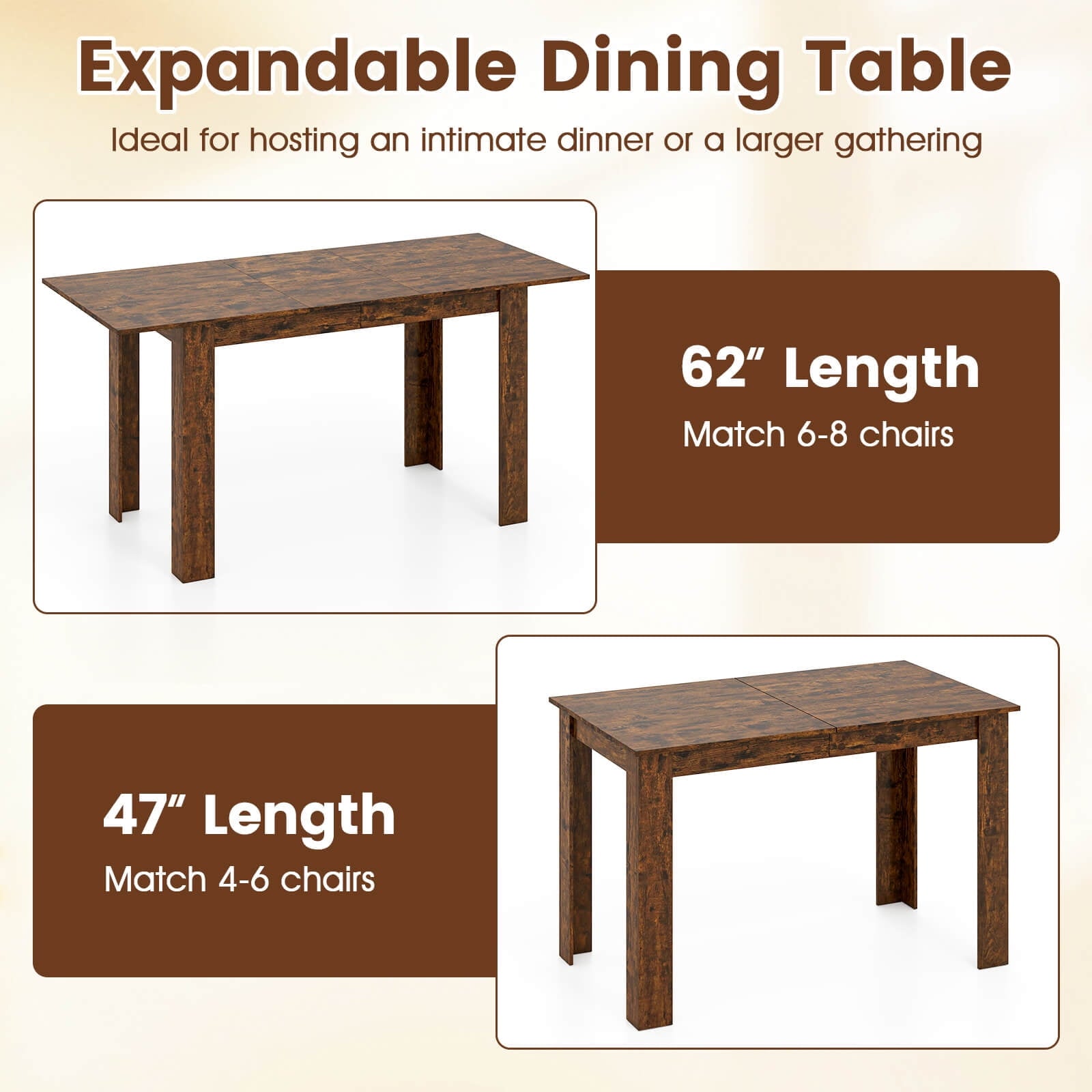 Costway 47”-62” Extendable Dining Table for 4-8 People for Dining Room Home Office Brown