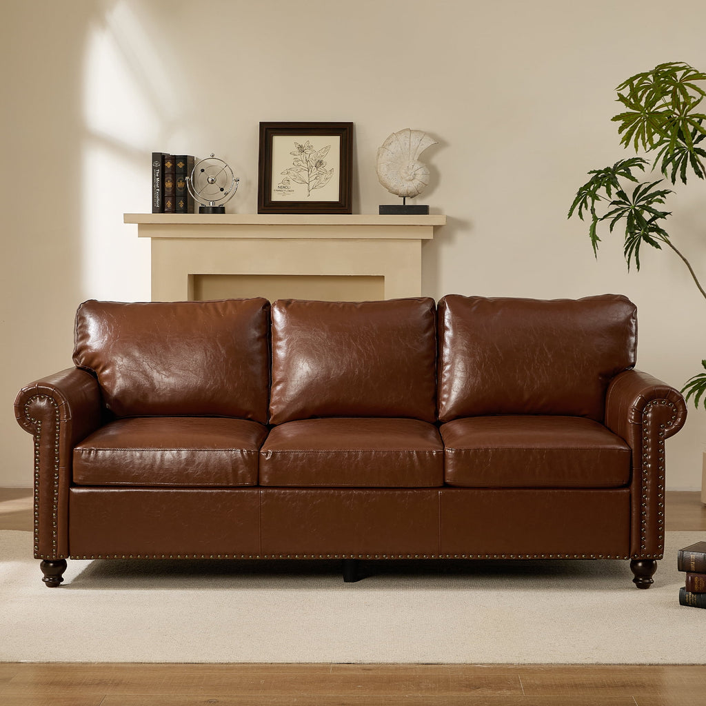 Me'on 80'' Faux Leather Sofa with Storage Seats, Classic 3-Seater Couch with Nailhead Trim, Easy Assembly, Dark Brown