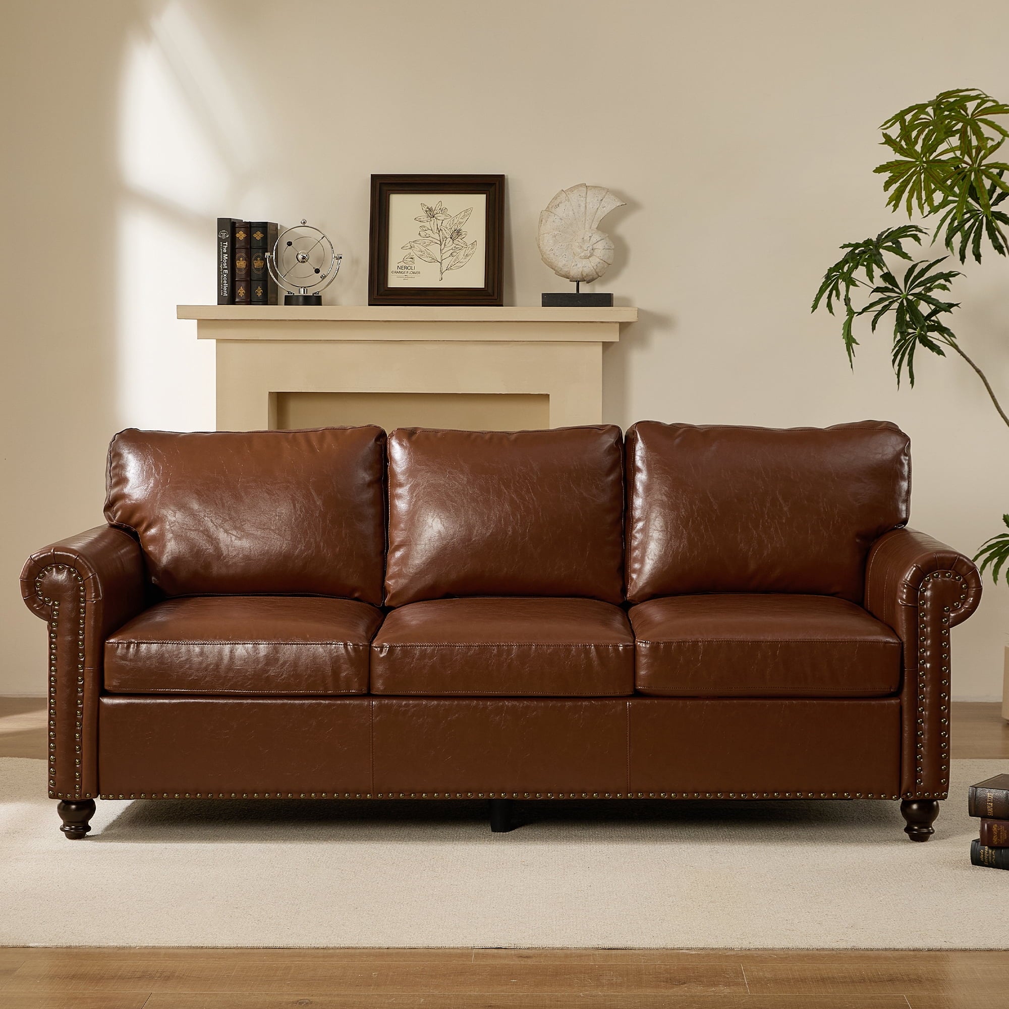 Me'on 80'' Faux Leather Sofa with Storage Seats, Classic 3-Seater Couch with Nailhead Trim, Easy Assembly, Dark Brown